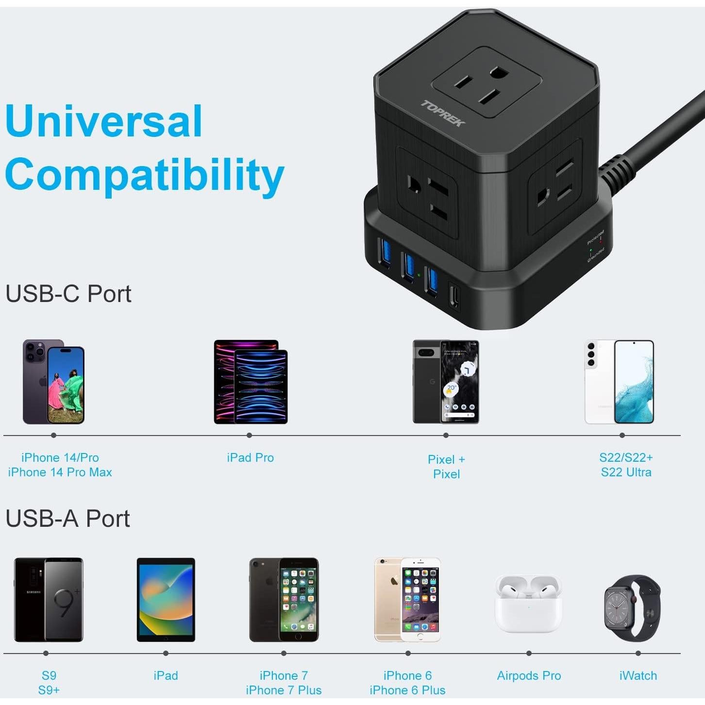 Regleta USB-C TOPREK 9 en 1 con Protección 700J 3.05m