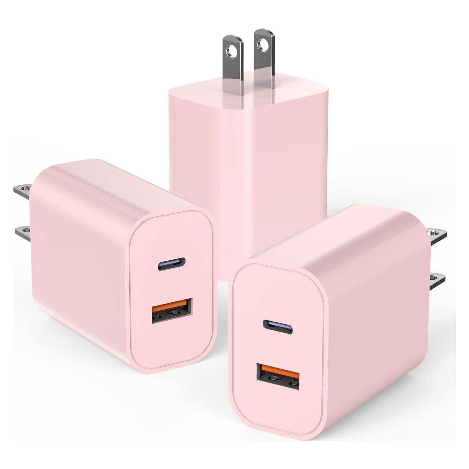 Cargador Rápido USB C 20W Doble Puerto Rosa - Paquete de 3