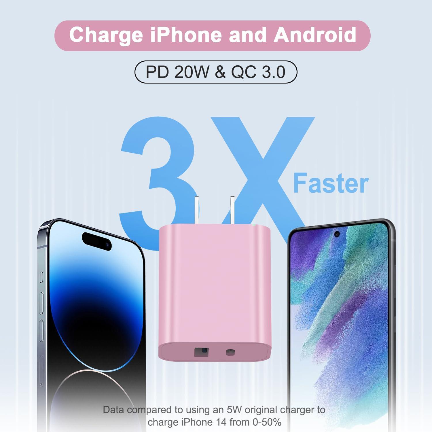 Cargador Rápido USB C 20W Doble Puerto Rosa - Paquete de 3