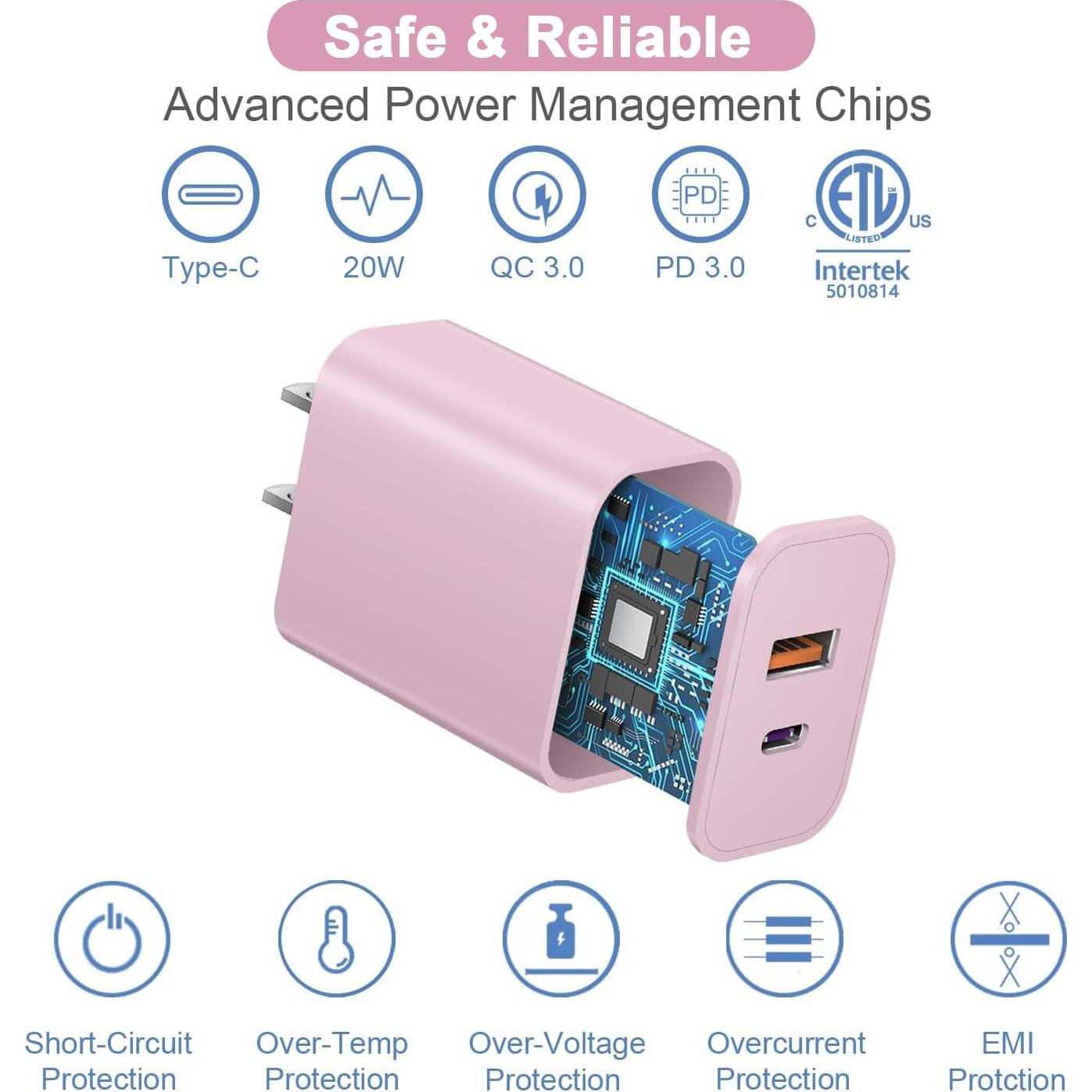 Cargador Rápido USB C 20W Doble Puerto Rosa - Paquete de 3