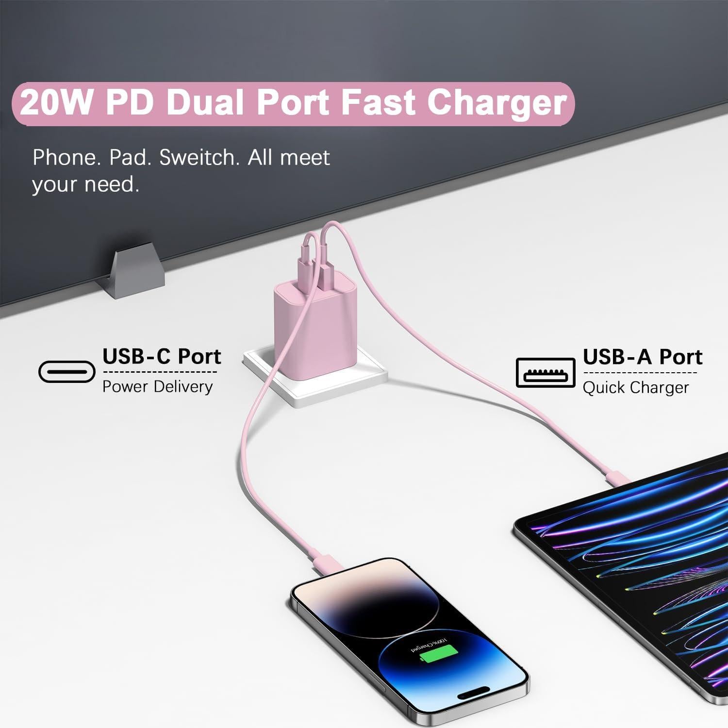 Cargador Rápido USB C 20W Doble Puerto Rosa - Paquete de 3