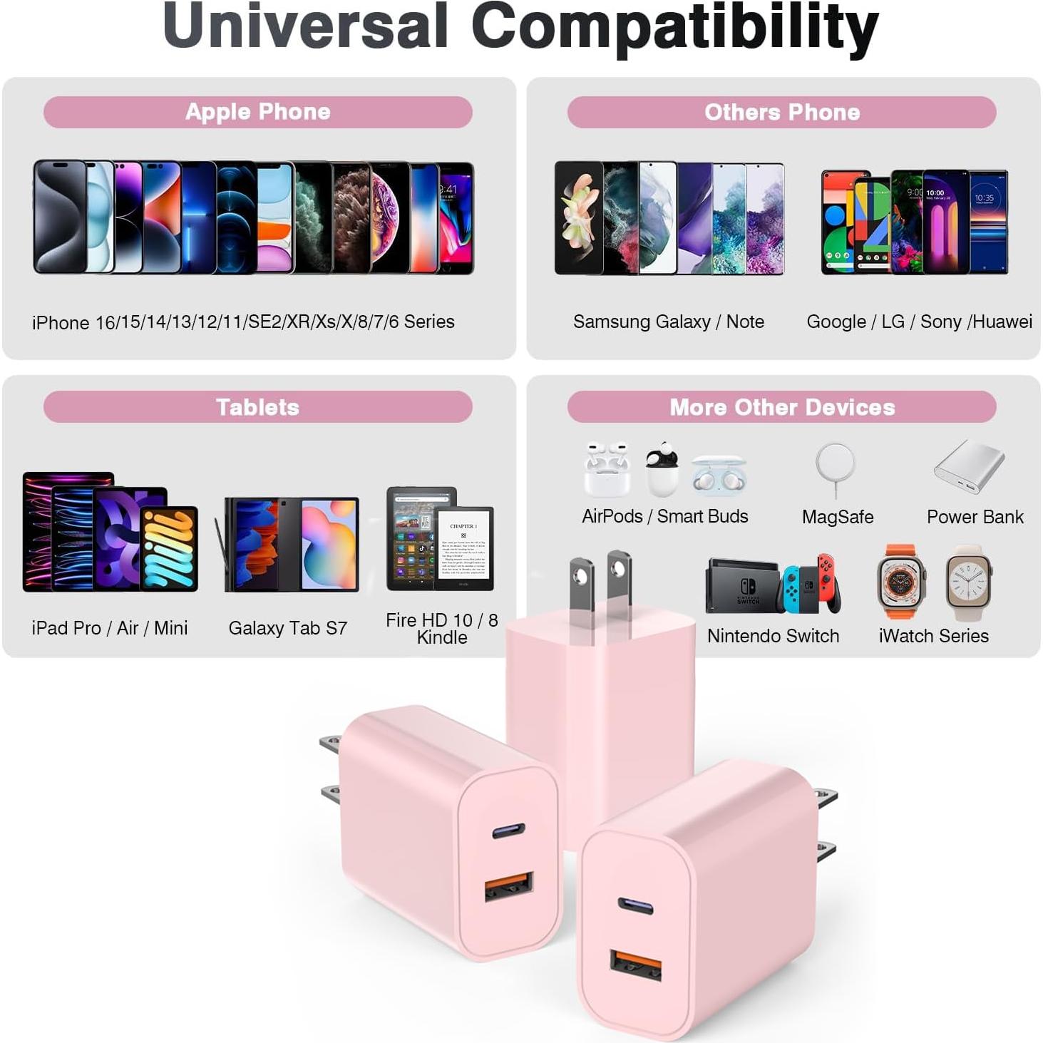 Cargador Rápido USB C 20W Doble Puerto Rosa - Paquete de 3