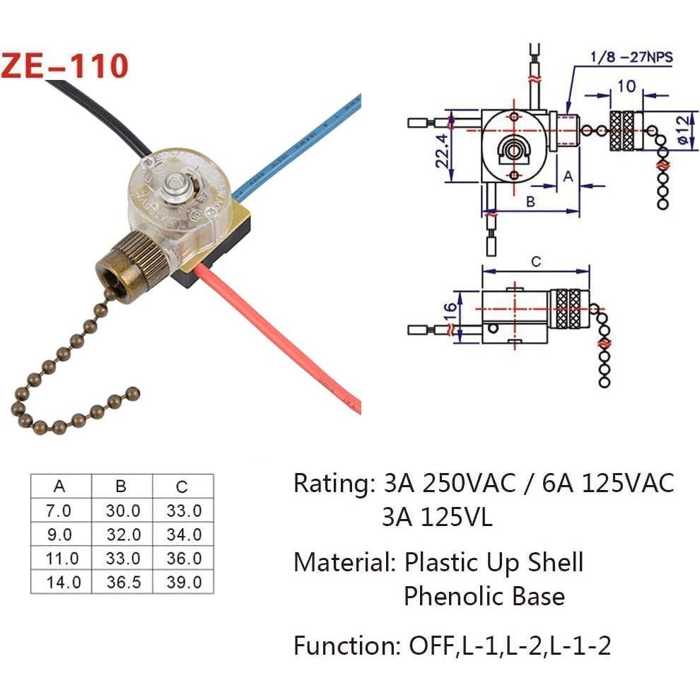 Interruptor de Luz para Ventilador de Techo Zing Ear ZE-110 3 Hilos