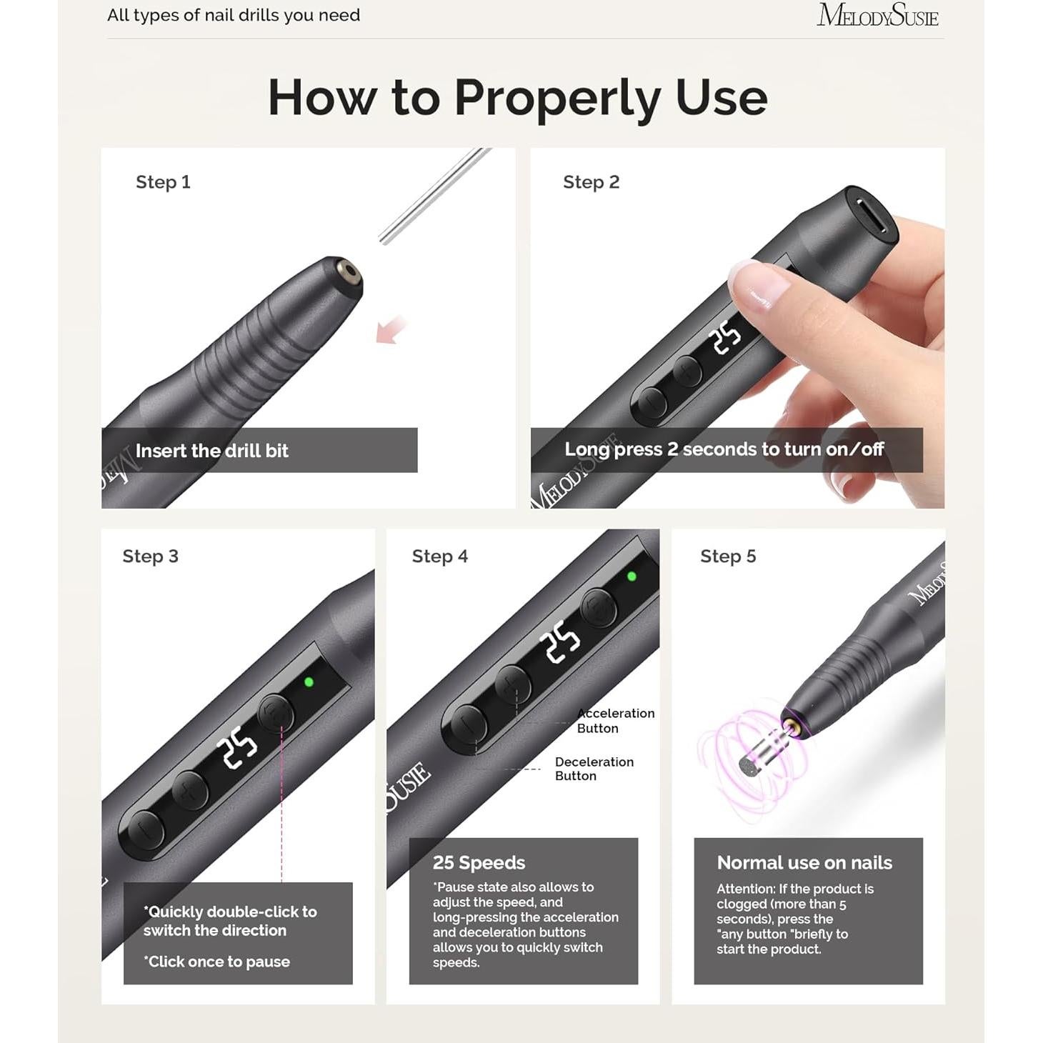 Taladro de Uñas Eléctrico MelodySusie PC180G Inalámbrico 25000RPM