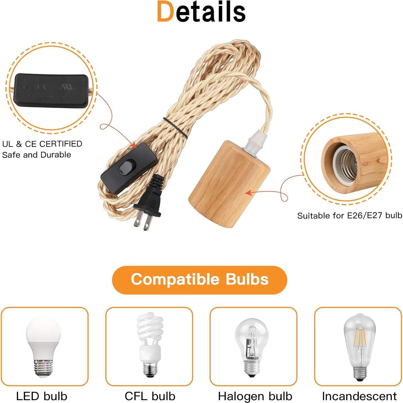 Kit de Luz Colgante Zevnico 4.5m Madera E26 Interruptor