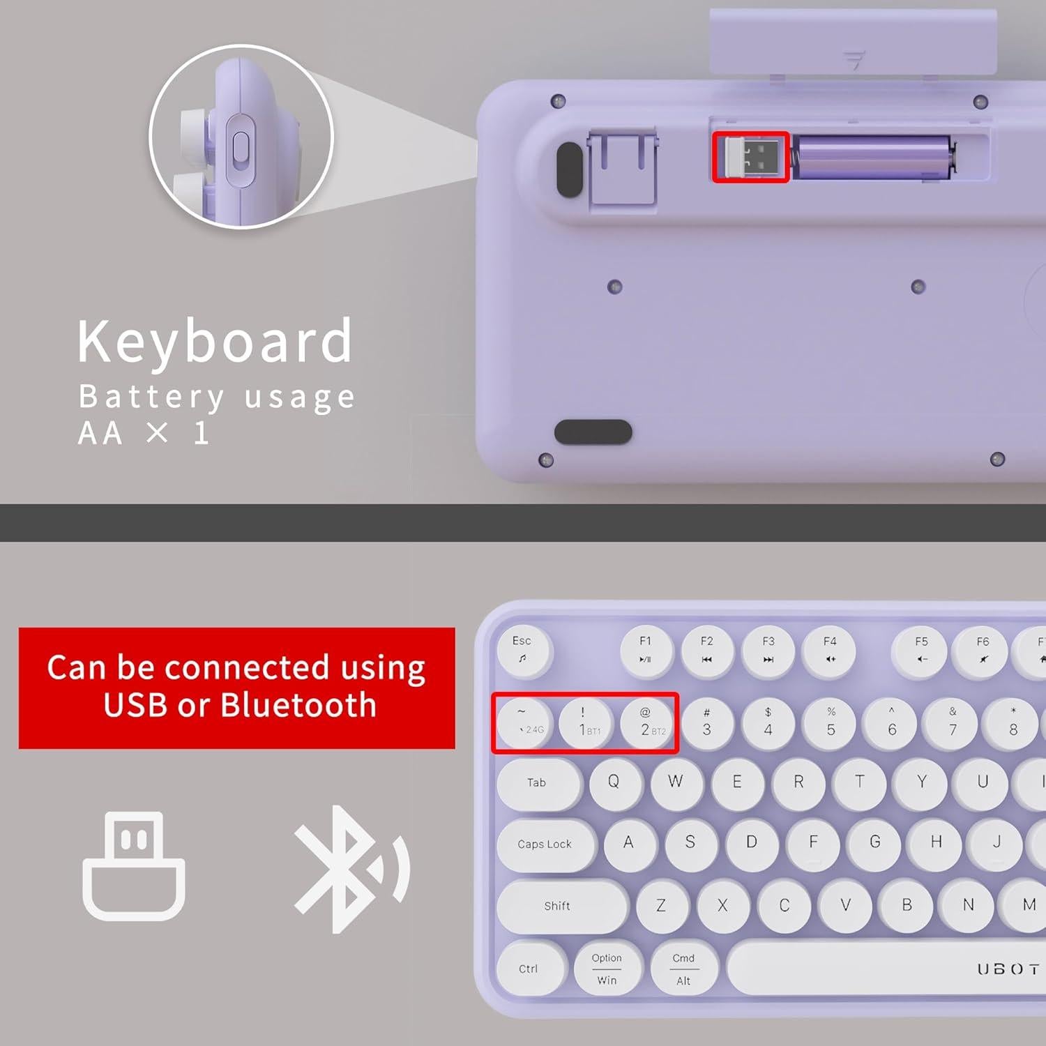 Teclado Inalámbrico UBOTIE Retro Multicolor para PC y Móvil