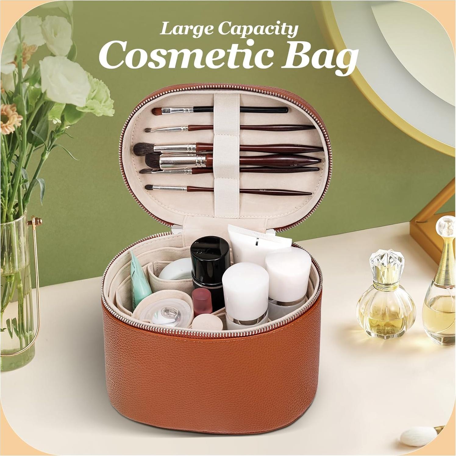 Estuche Cosmético de Cuero Beige para Maquillaje 20.1x15cm