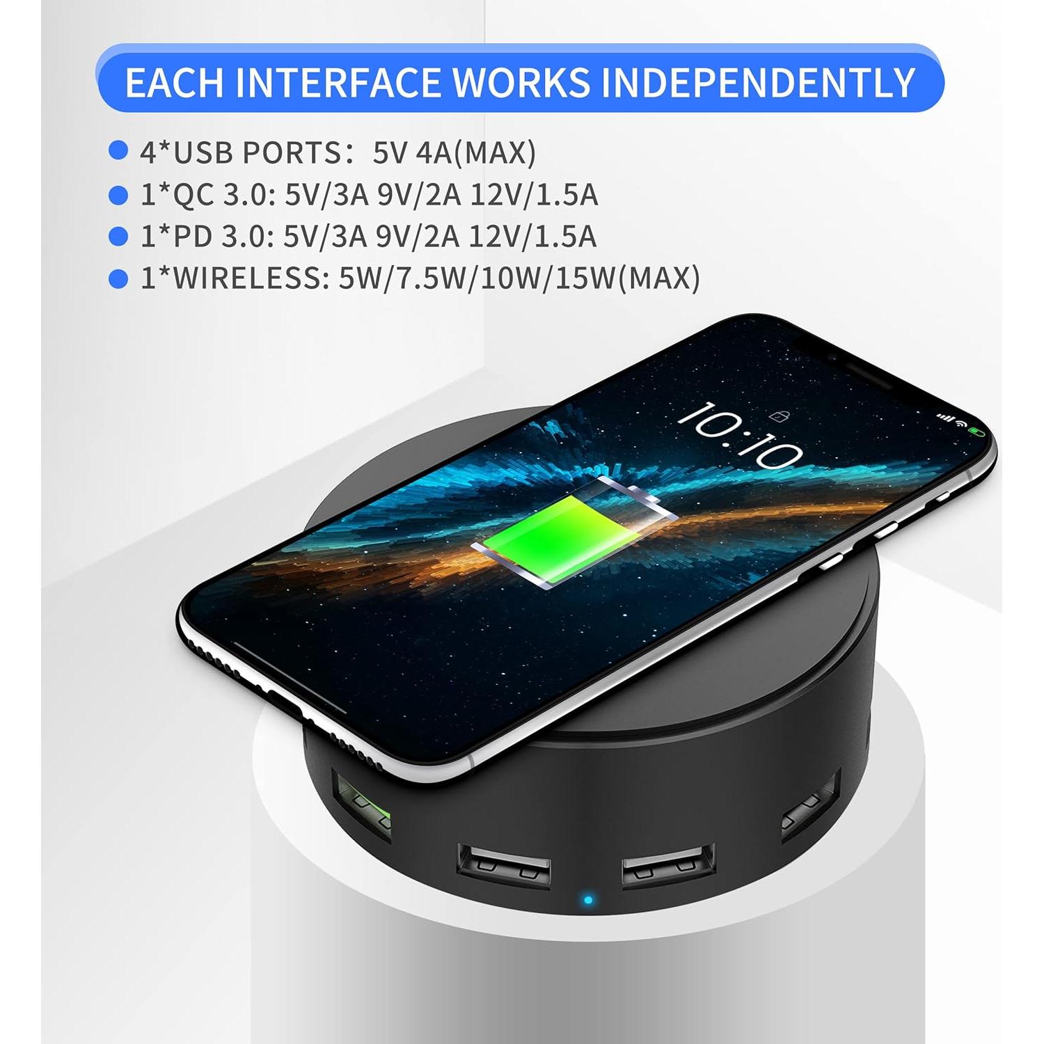 Estación de Carga USB 75W 6 Puertos Inalámbrica Negro