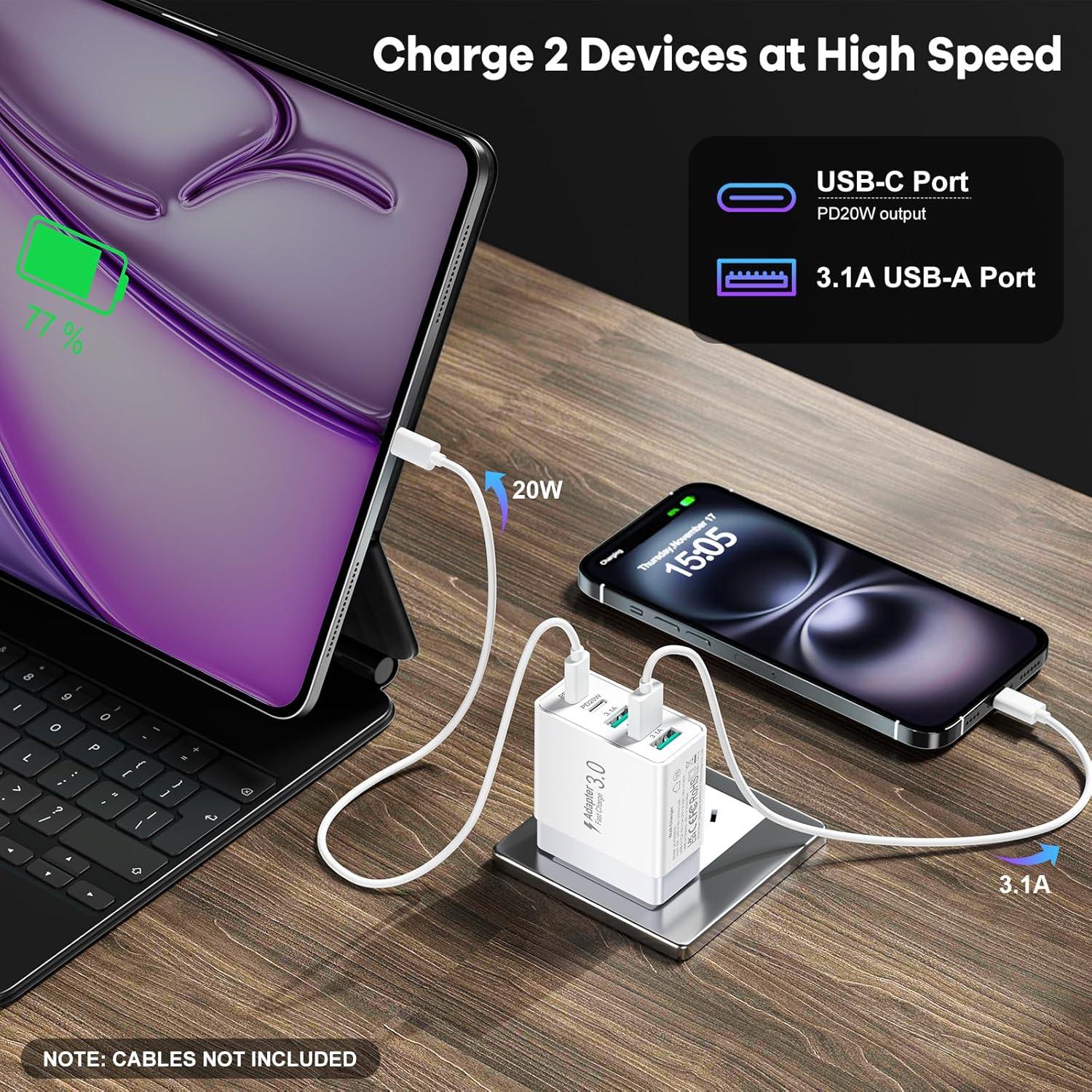 Cargador USB C Rápido 50W 5 Puertos Blanco - 2 Pack