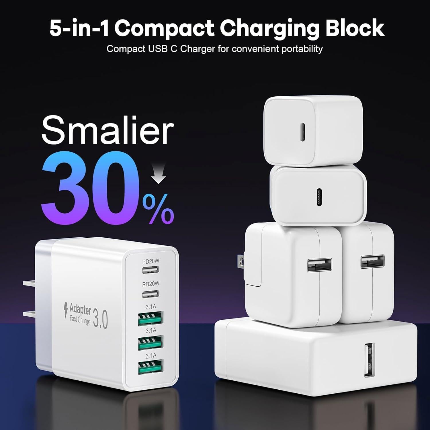 Cargador USB C Rápido 50W 5 Puertos Blanco - 2 Pack