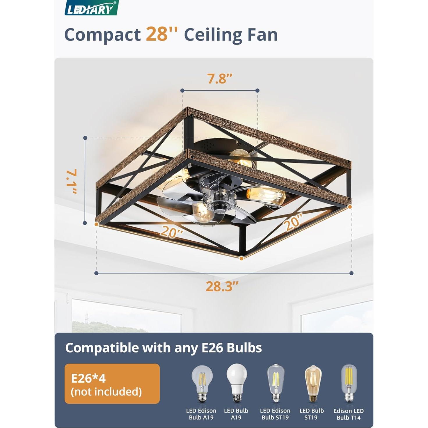Ventilador de Techo LEDIARY 20" Caged con Control Remoto y 6 Velocidades