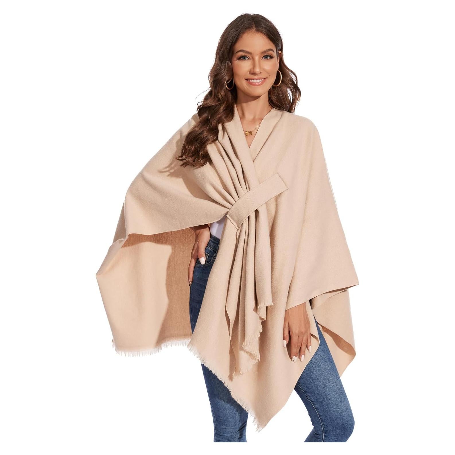 Chal de Invierno para Mujeres Beige - Capa Tejida con Flecos