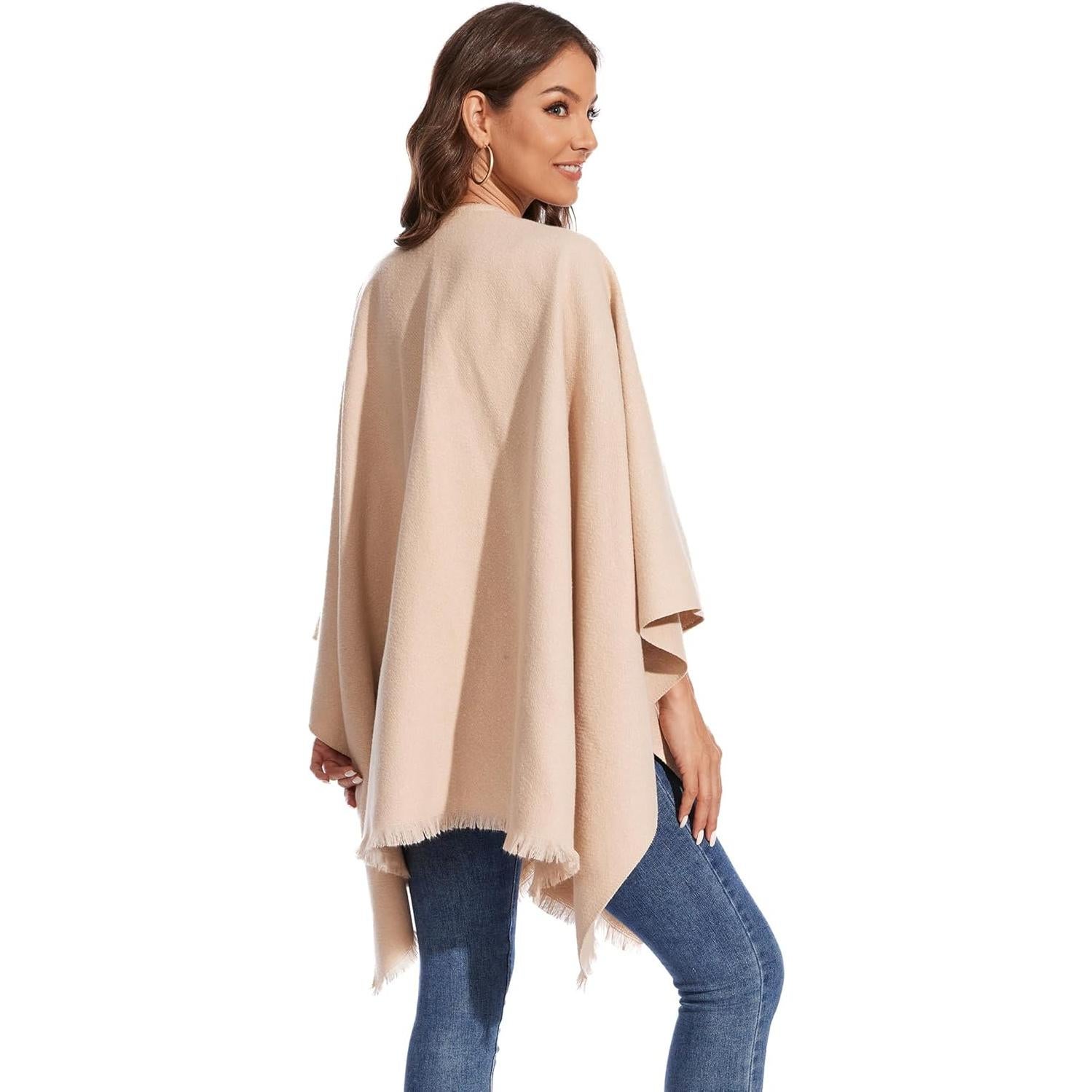 Chal de Invierno para Mujeres Beige - Capa Tejida con Flecos