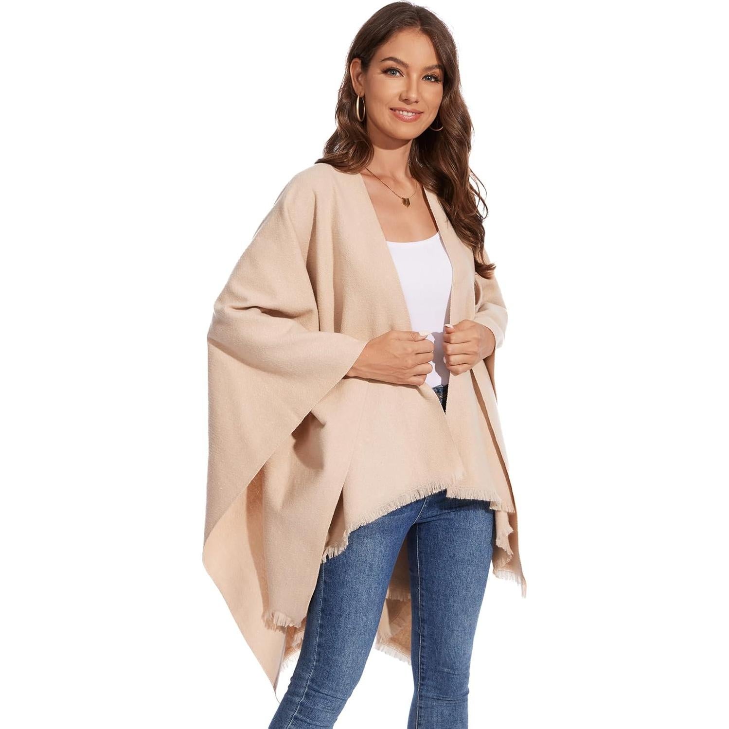 Chal de Invierno para Mujeres Beige - Capa Tejida con Flecos