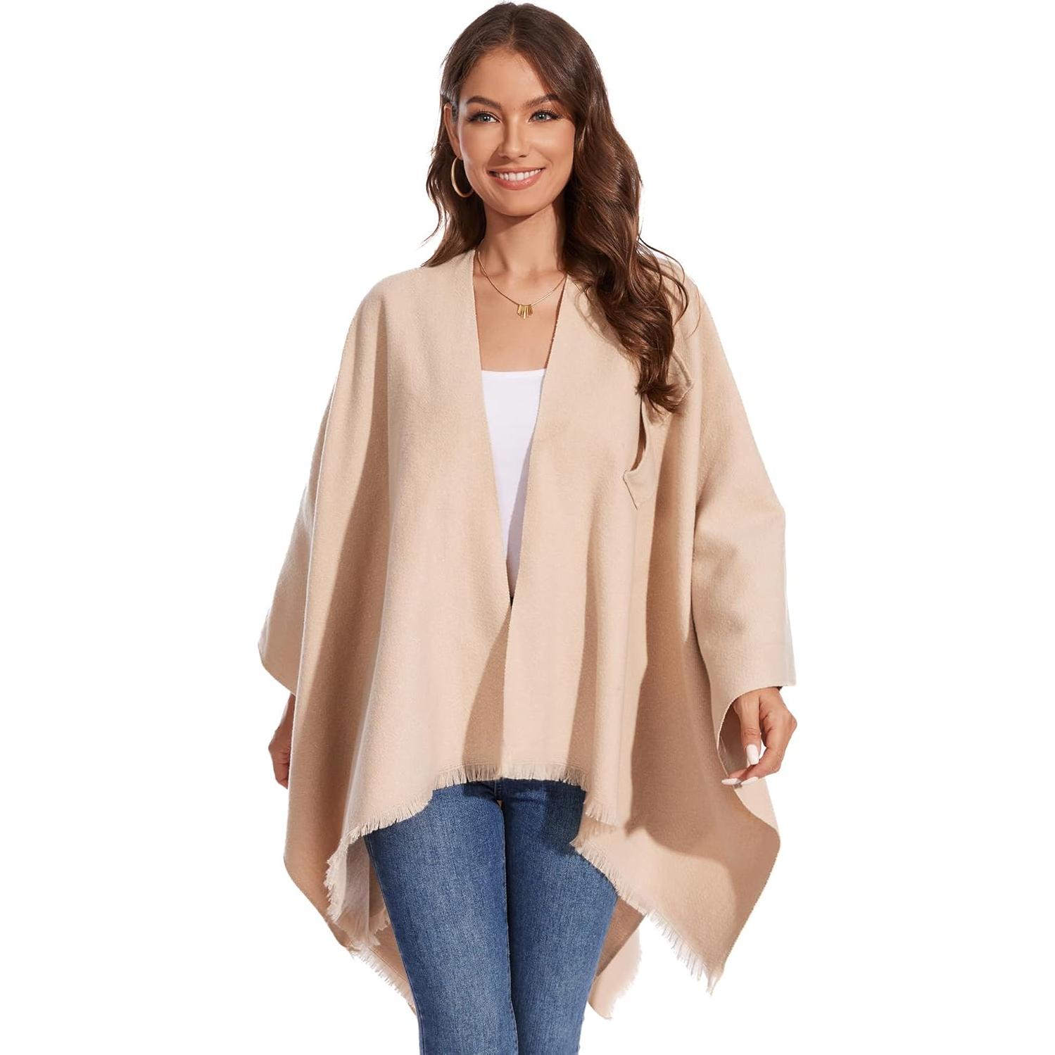 Chal de Invierno para Mujeres Beige - Capa Tejida con Flecos