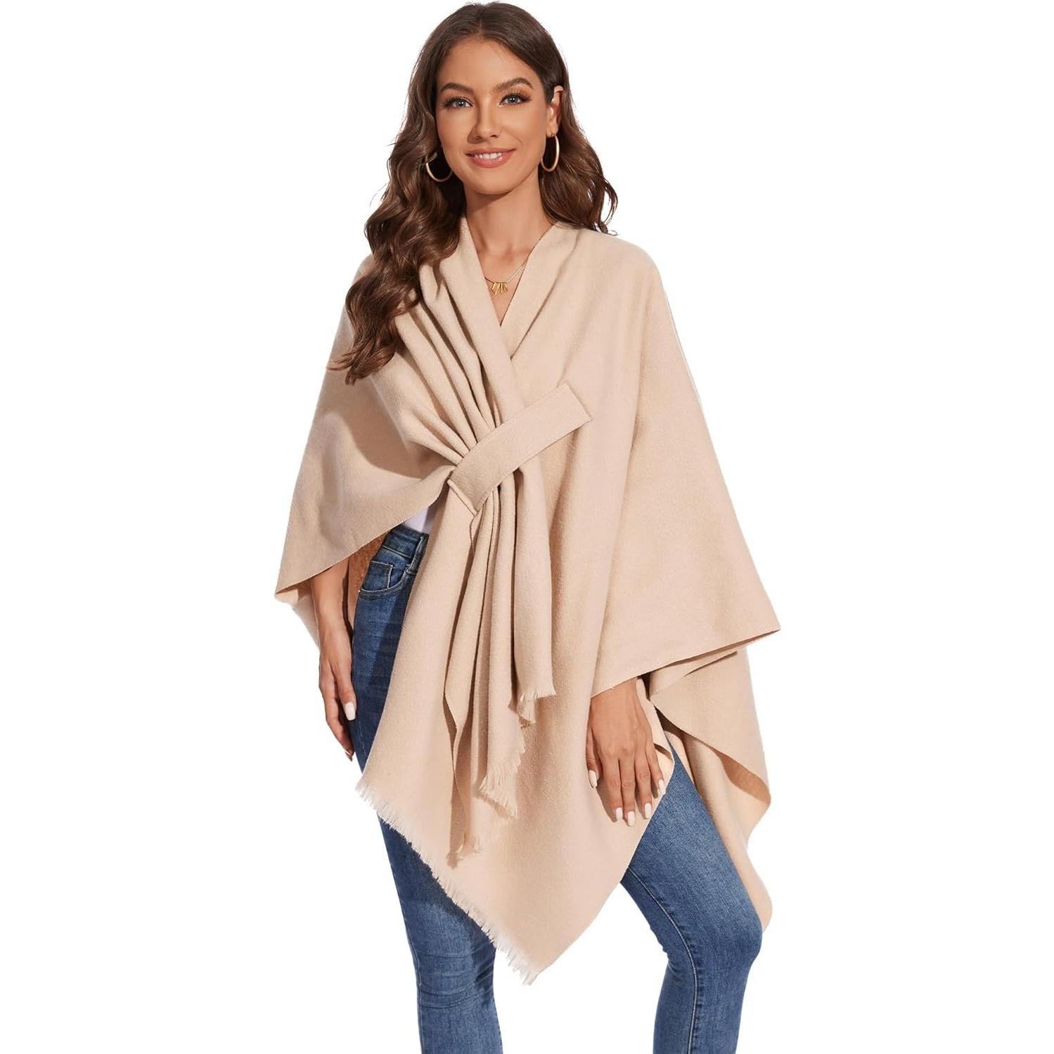 Chal de Invierno para Mujeres Beige - Capa Tejida con Flecos