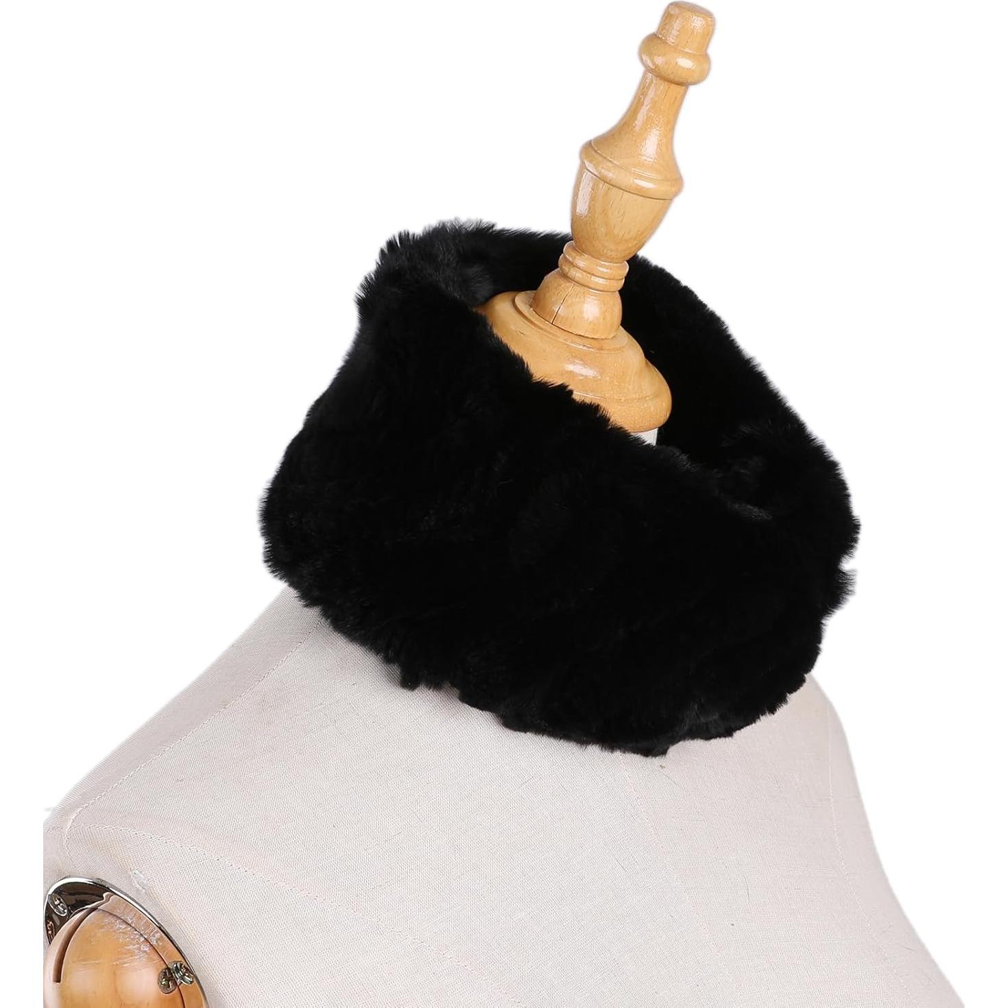 Diadema de Piel de Conejo Rex Tejida BOONJOVIA - Calentador de Oídos y Cuello Negro