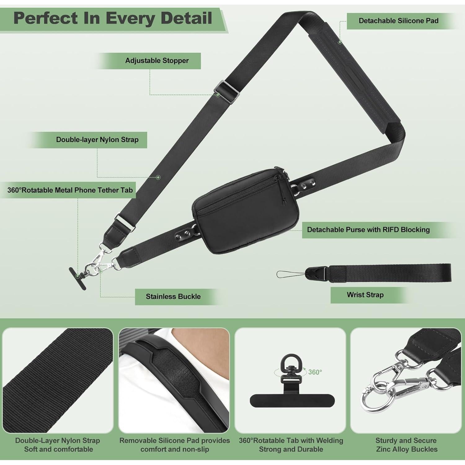 Correa Cruzada Ajustable YFWE con Cartera RFID Negra