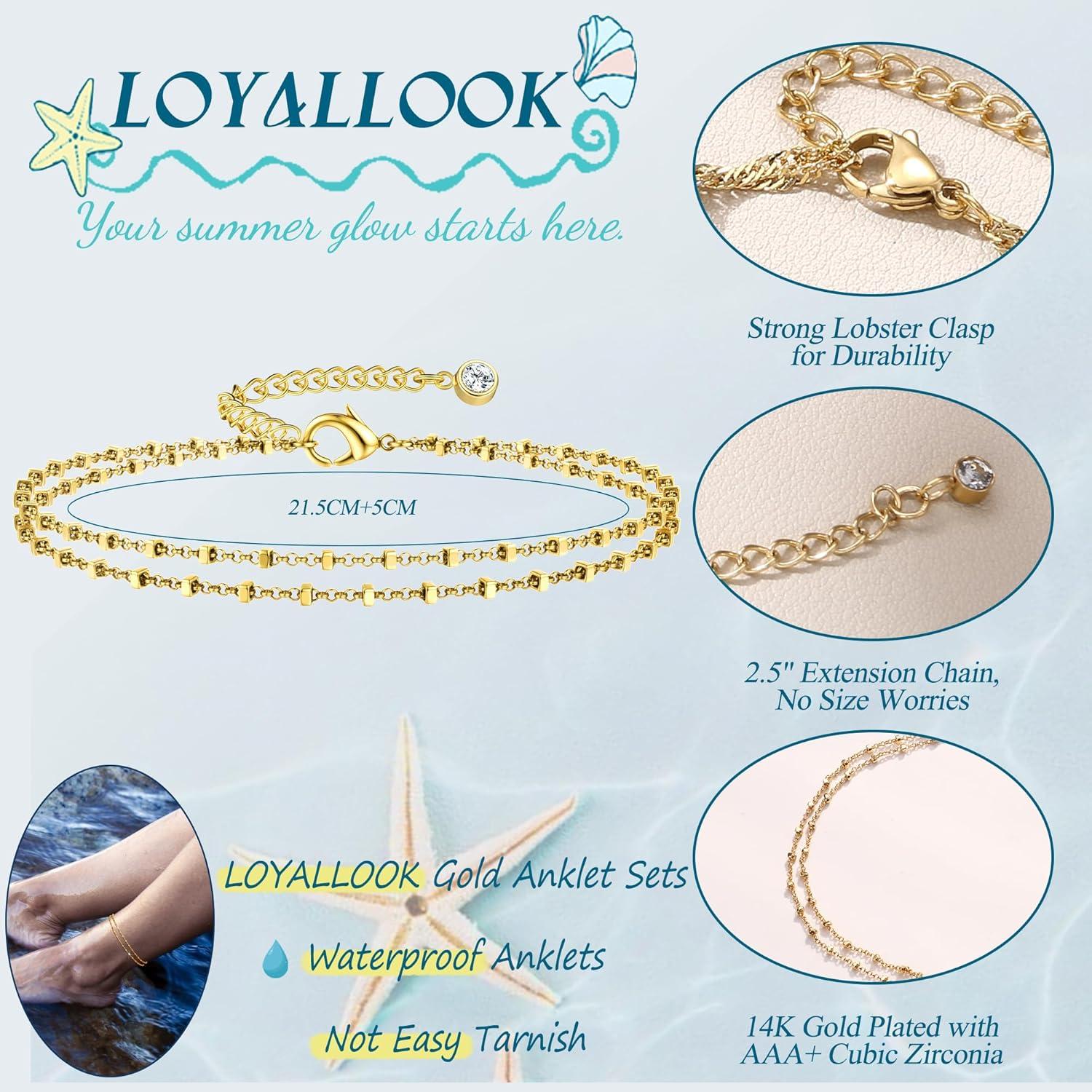 Pulsera de Tobillo Dorada LOYALLOOK Ajustable 14K Impermeable