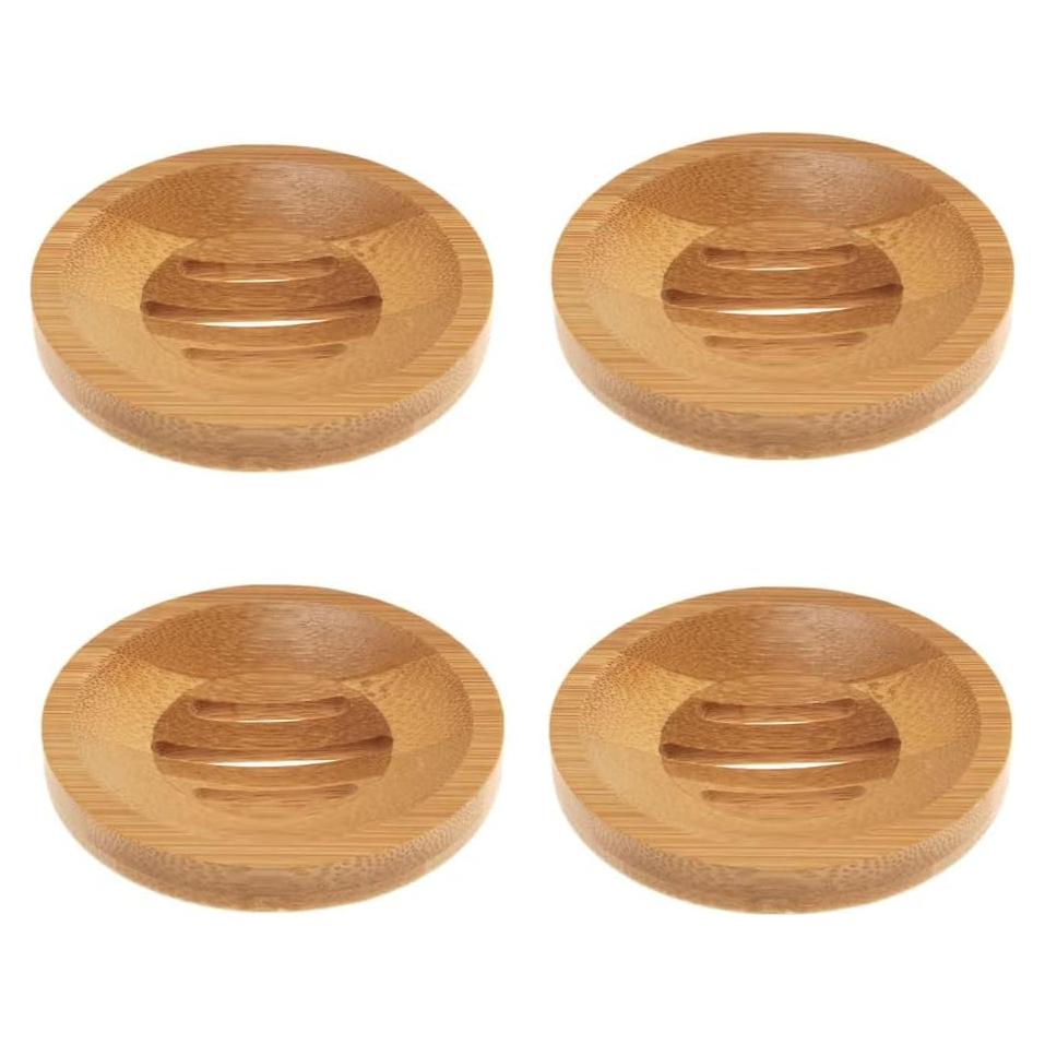 Soporte de Jabón Redondo de Bambú IUAQDP - 4 Piezas Autodrenantes