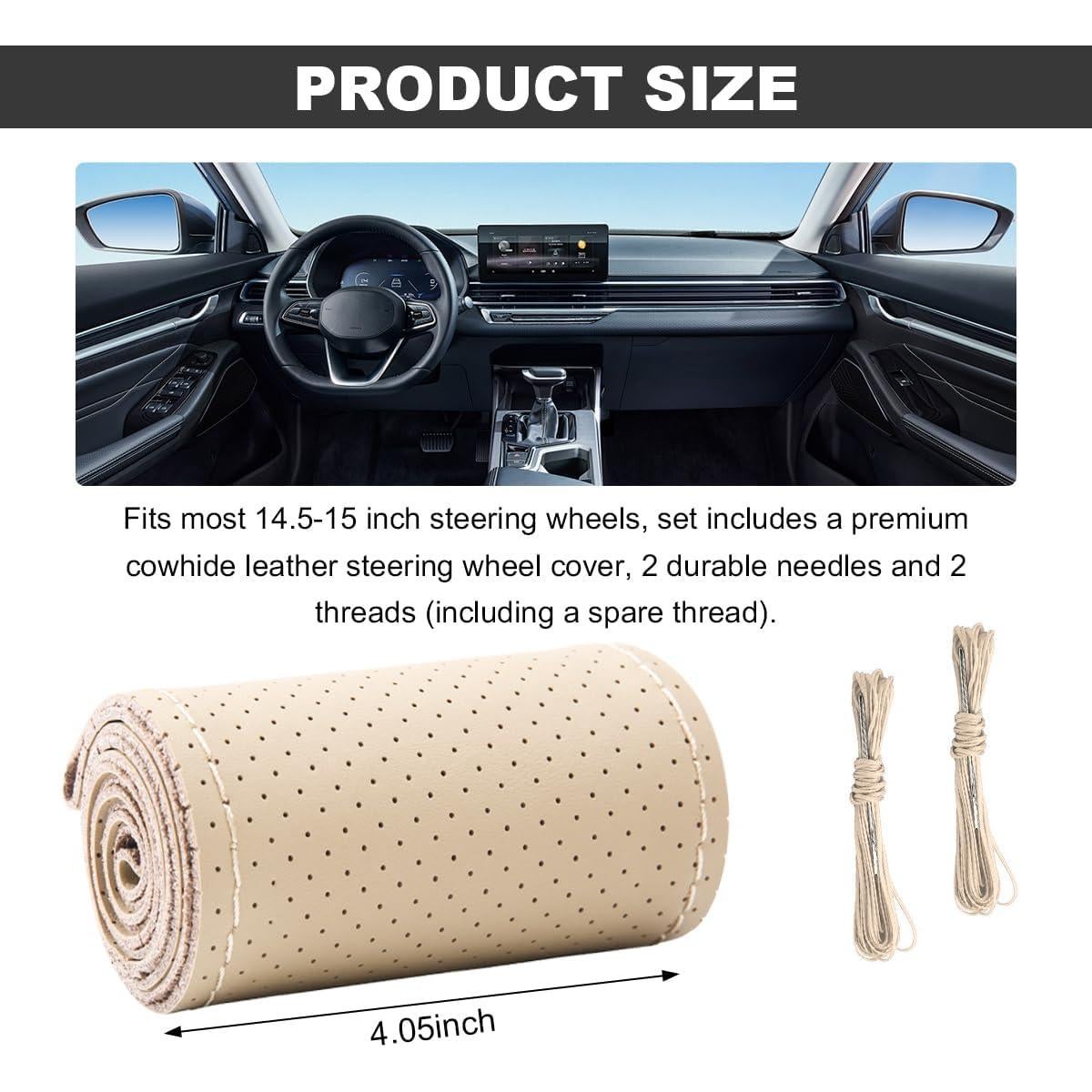 Cubierta de Volante de Cuero Genuino Wevdn 15 Pulgadas Beige