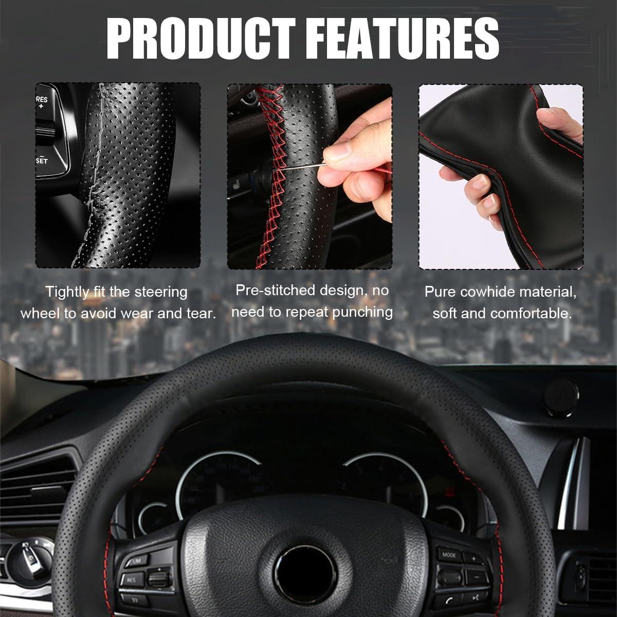 Cubierta de Volante de Cuero Genuino Wevdn 15 Pulgadas Beige