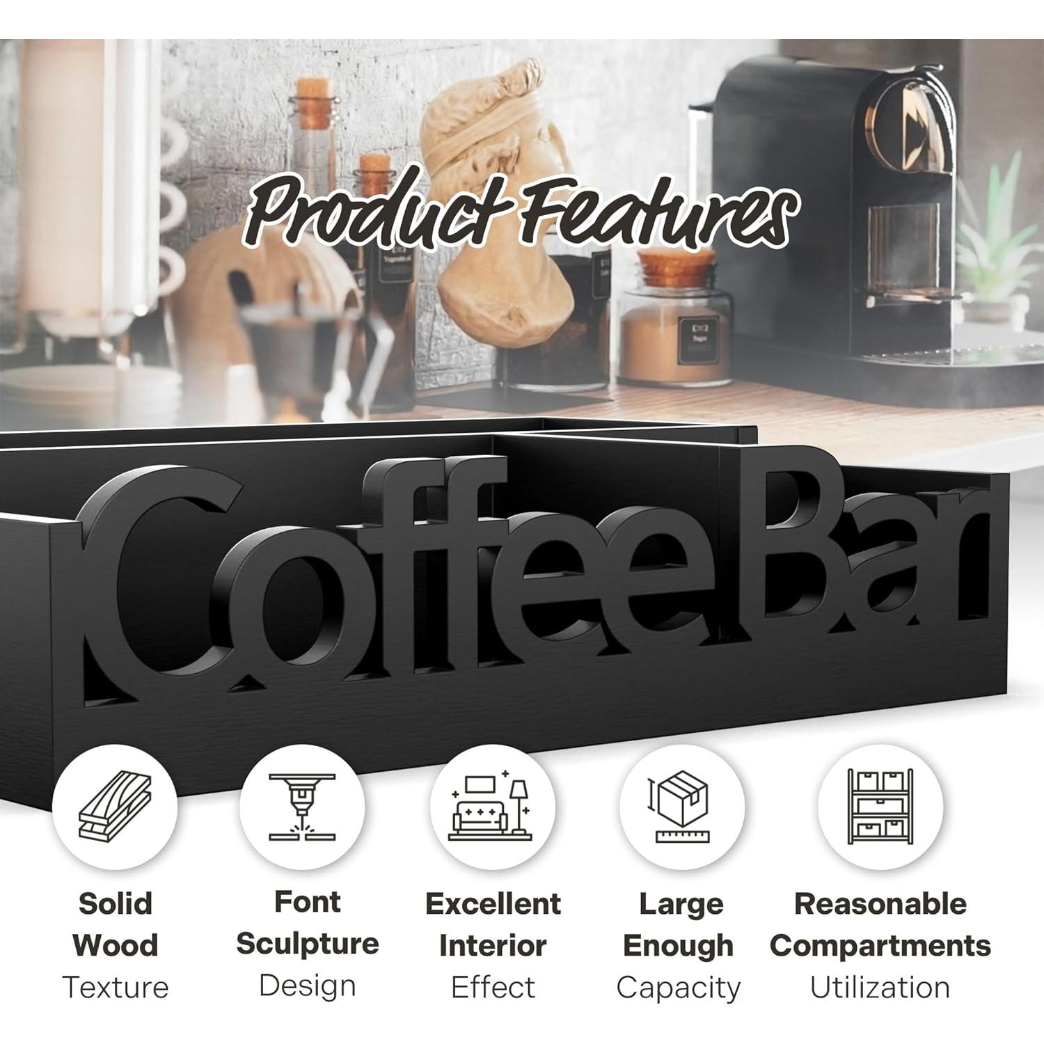 Organizador de Bar de Café ADDFIT HOUSE - Madera Negra 30.5x20.3x8.4cm