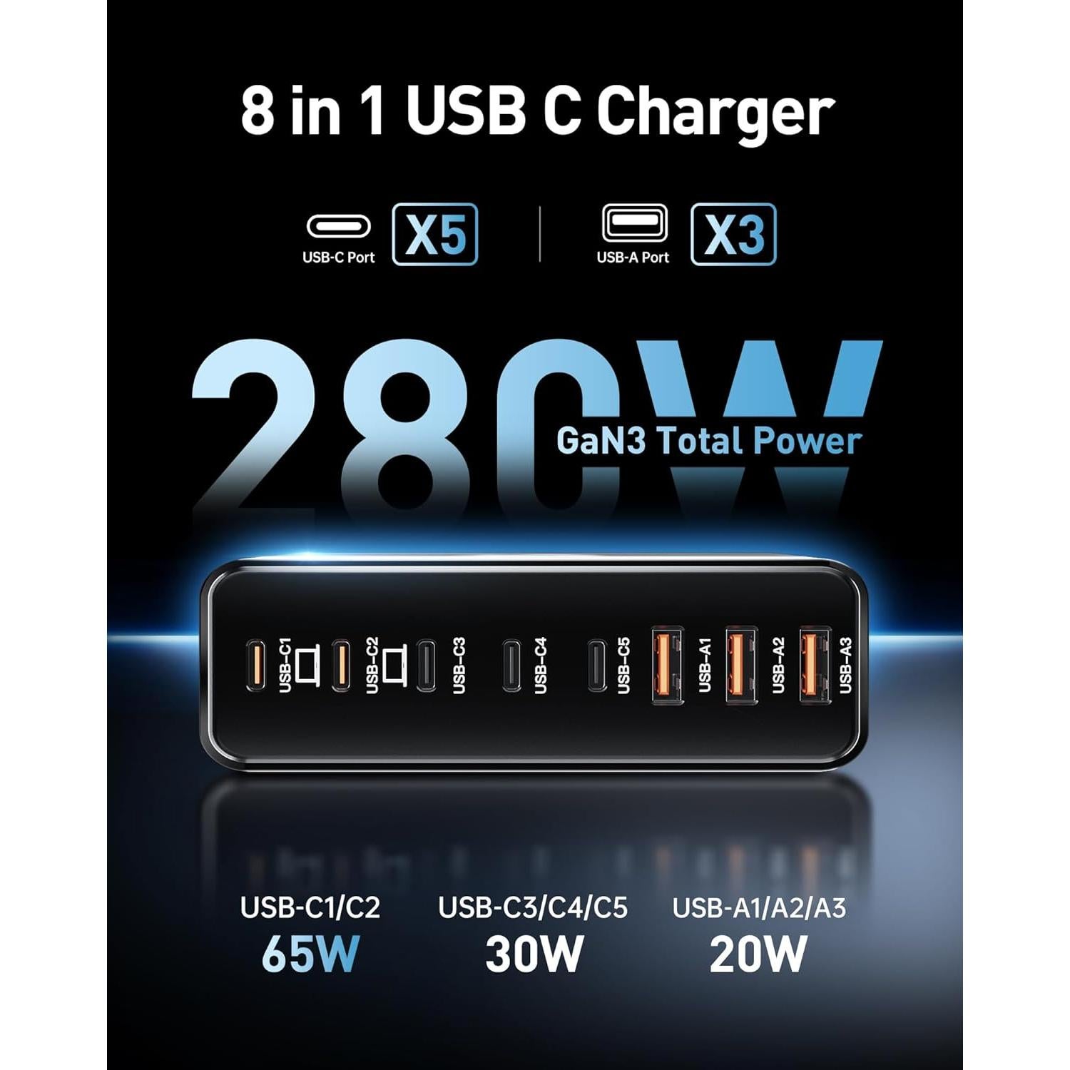 Estación de Carga USB C 8 Puertos Ediliow 280W Cargador Rápido