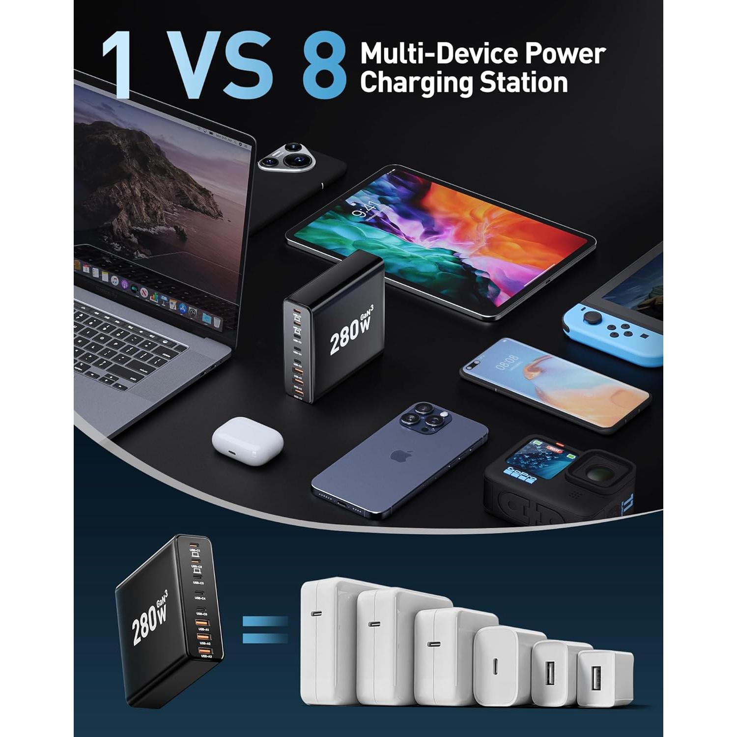 Estación de Carga USB C 8 Puertos Ediliow 280W Cargador Rápido