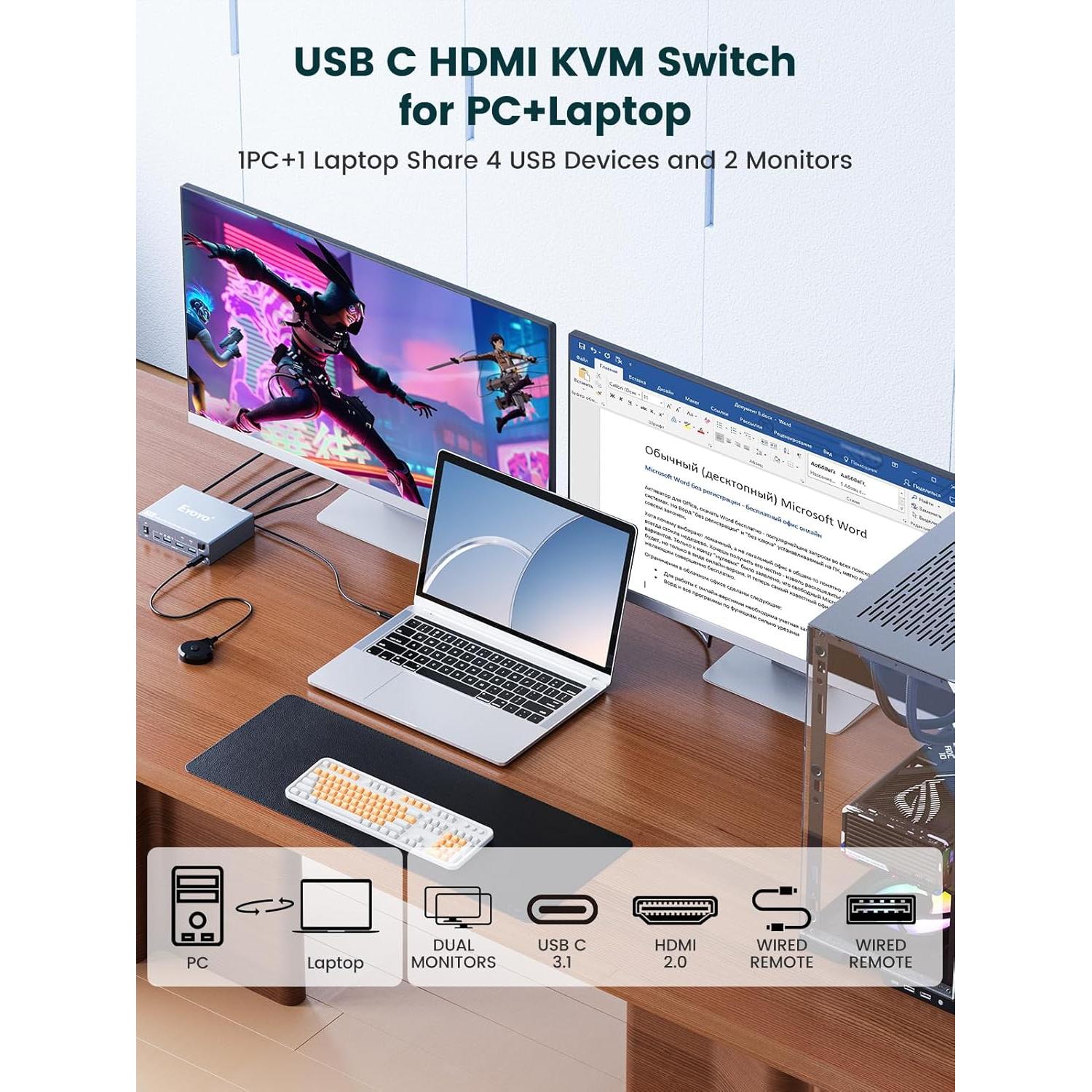 Conmutador KVM 2 Monitores 4K HDMI USB-C Eyoyo