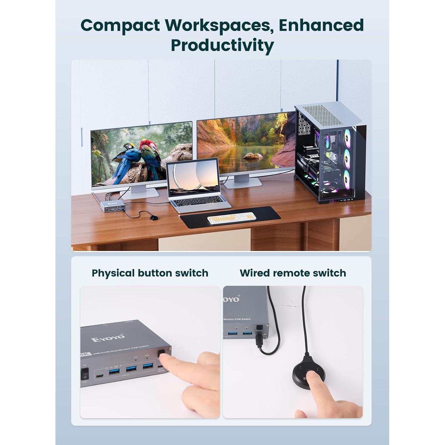 Conmutador KVM 2 Monitores 4K HDMI USB-C Eyoyo