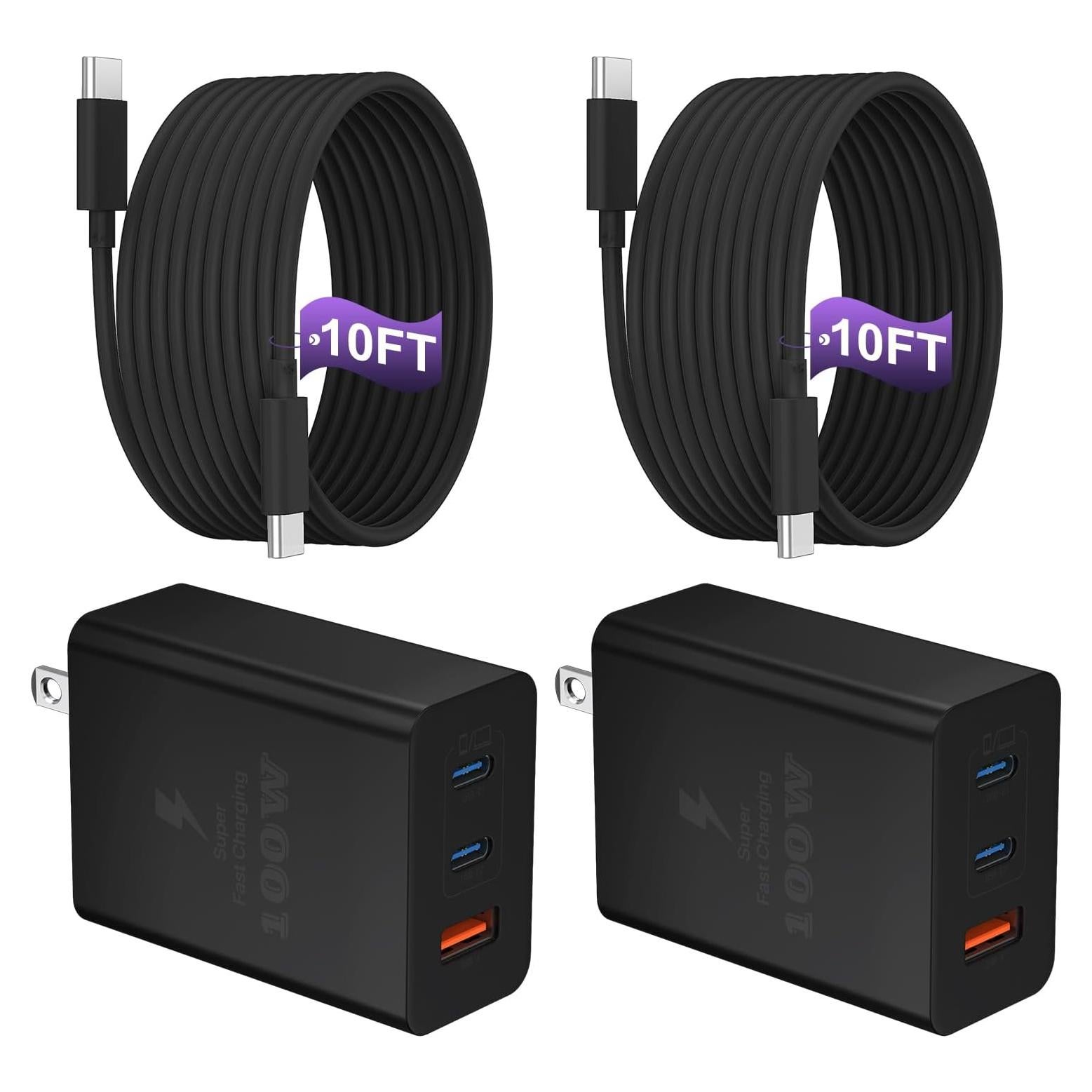 Cargador Rápido USB C 100W 3 Puertos con Cable 3m Negro