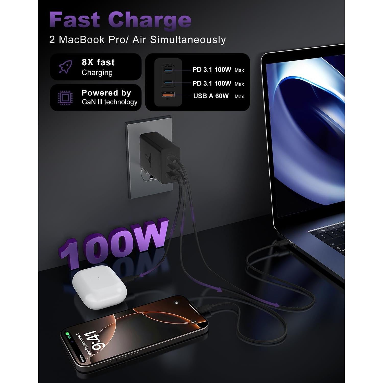 Cargador Rápido USB C 100W 3 Puertos con Cable 3m Negro