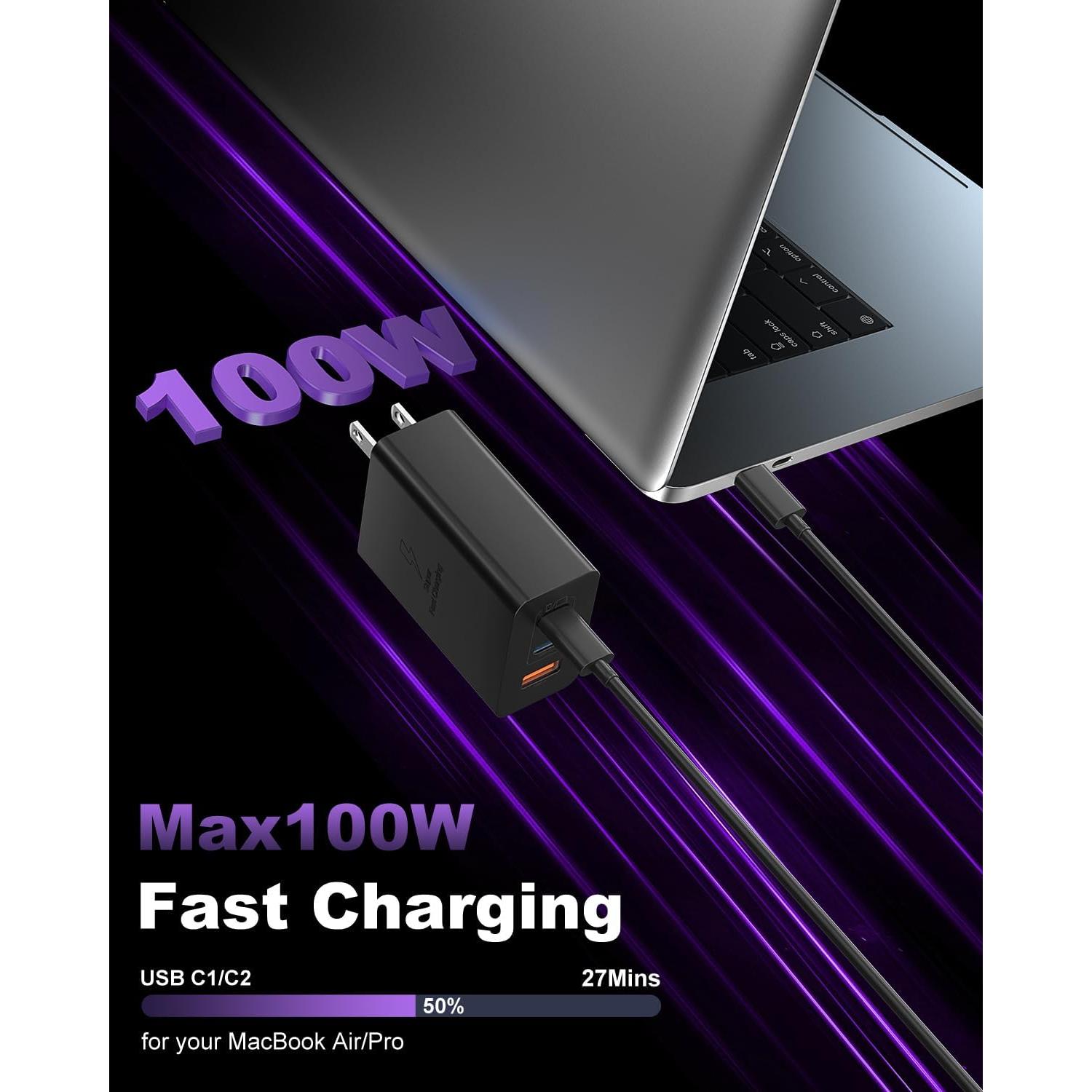 Cargador Rápido USB C 100W 3 Puertos con Cable 3m Negro