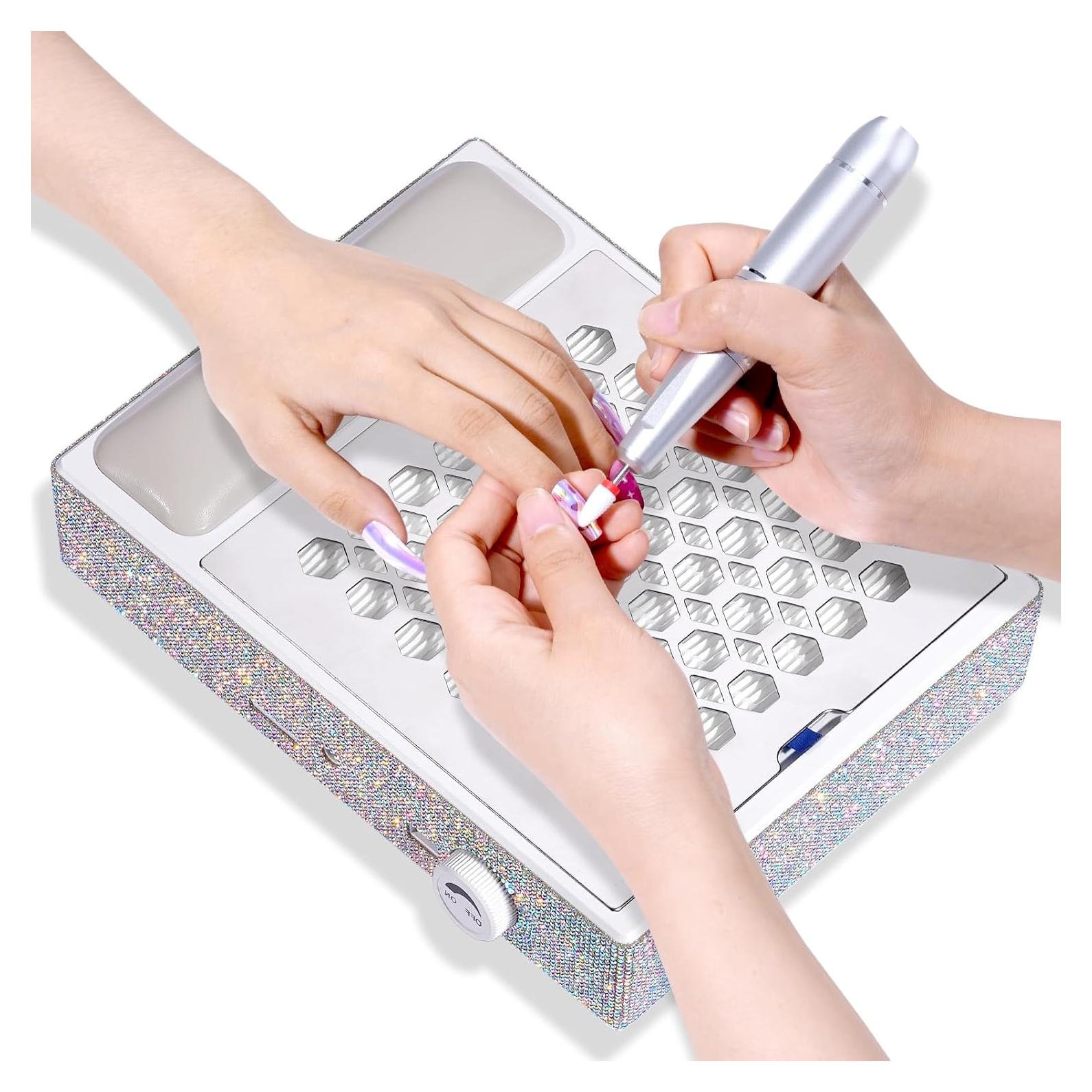 Rechargeable Nail Dust Collector Powerful 650PA 56W Nail Extractor Vacuum Suction Brushless Turbo Vent Fan Hand Pillow 30pcs Cotton Filter AB White Diamond