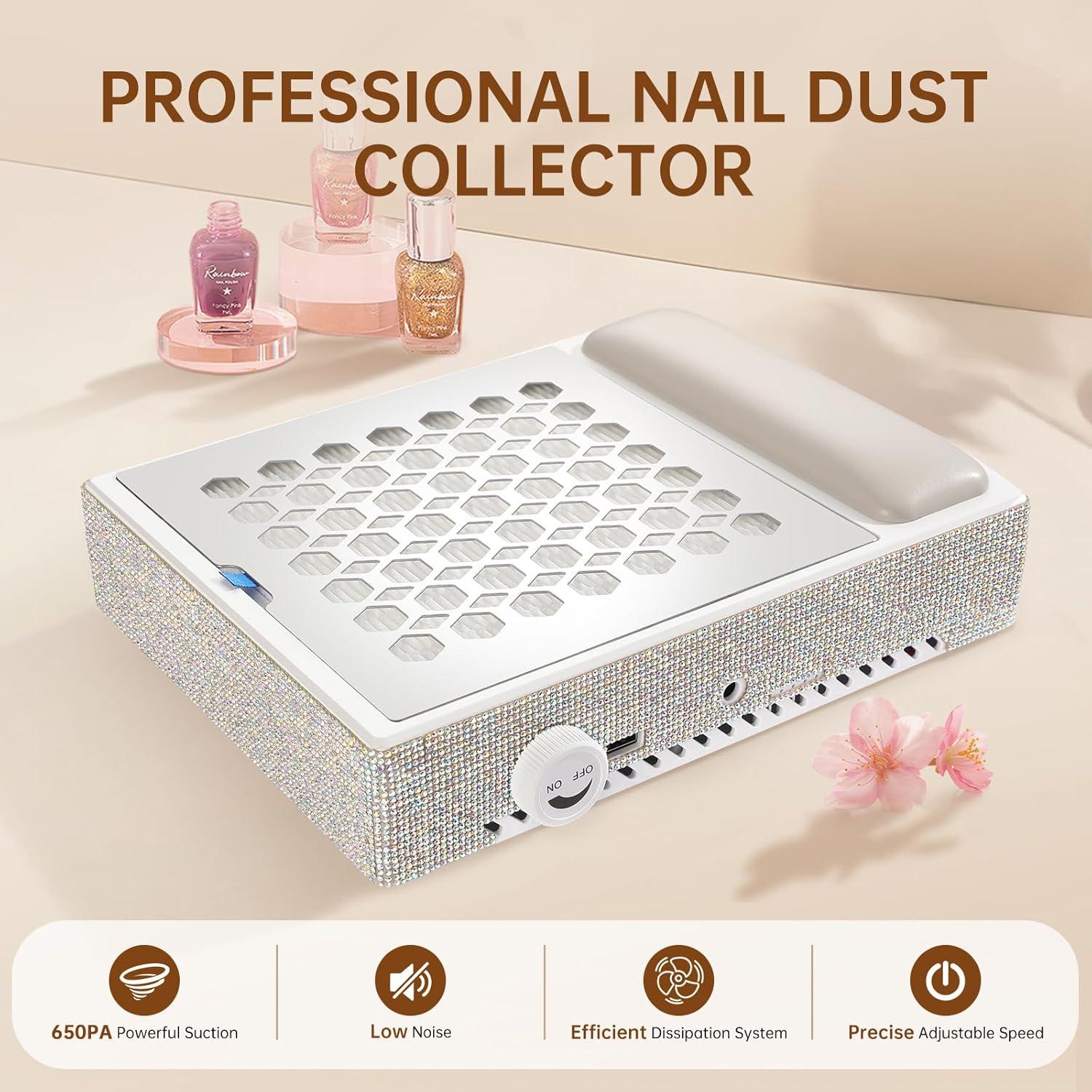 Rechargeable Nail Dust Collector Powerful 650PA 56W Nail Extractor Vacuum Suction Brushless Turbo Vent Fan Hand Pillow 30pcs Cotton Filter AB White Diamond