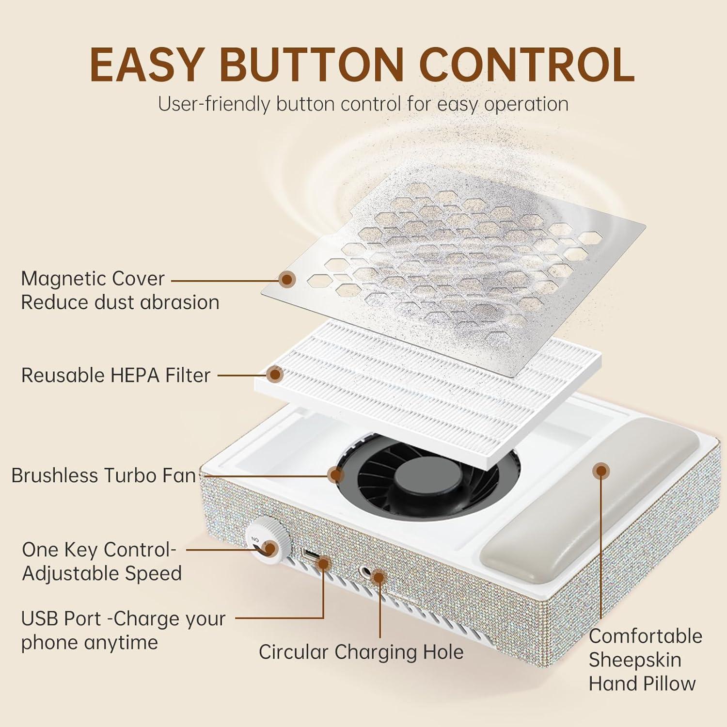 Rechargeable Nail Dust Collector Powerful 650PA 56W Nail Extractor Vacuum Suction Brushless Turbo Vent Fan Hand Pillow 30pcs Cotton Filter AB White Diamond