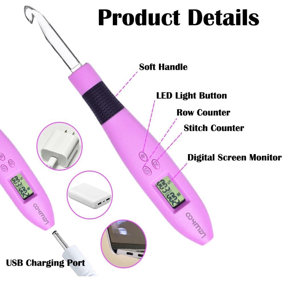 Ganchos de Crochet Digitales Lewhoo 17 Piezas 2.5-14mm LED