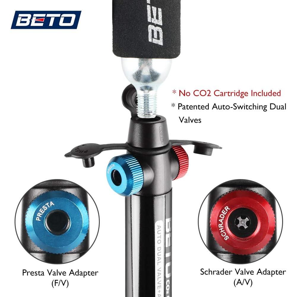 Bomba de bicicleta Beto CO2 y manual, 80g, cabezal doble