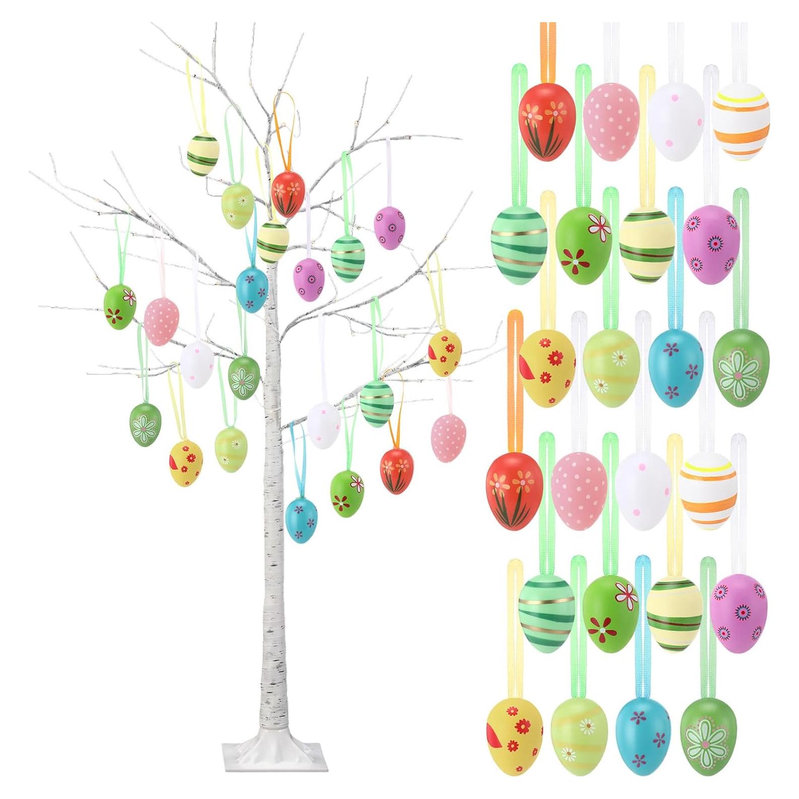 Árbol de Abedul Blanco de Pascua 1.2m con 24 Huevos y Luces LED