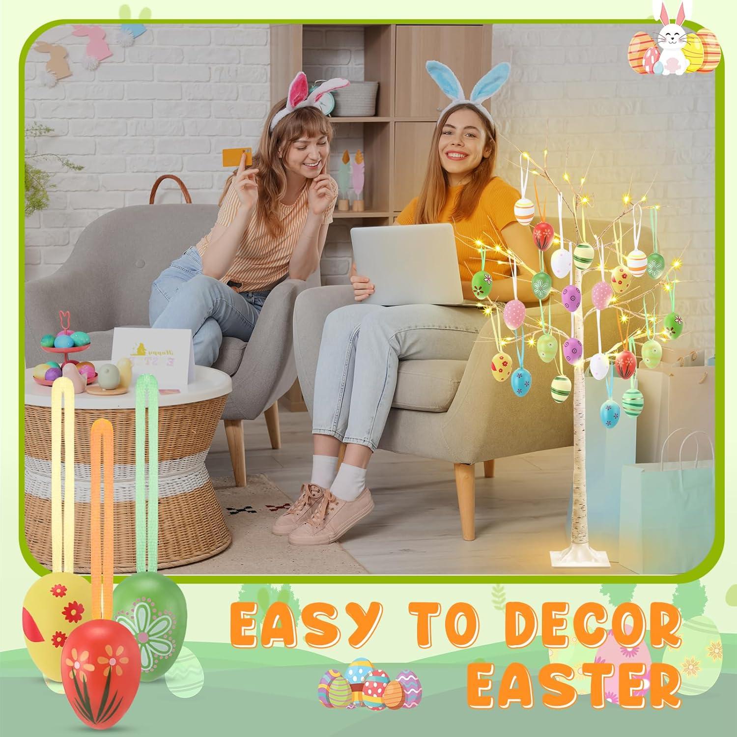 Árbol de Abedul Blanco de Pascua 1.2m con 24 Huevos y Luces LED