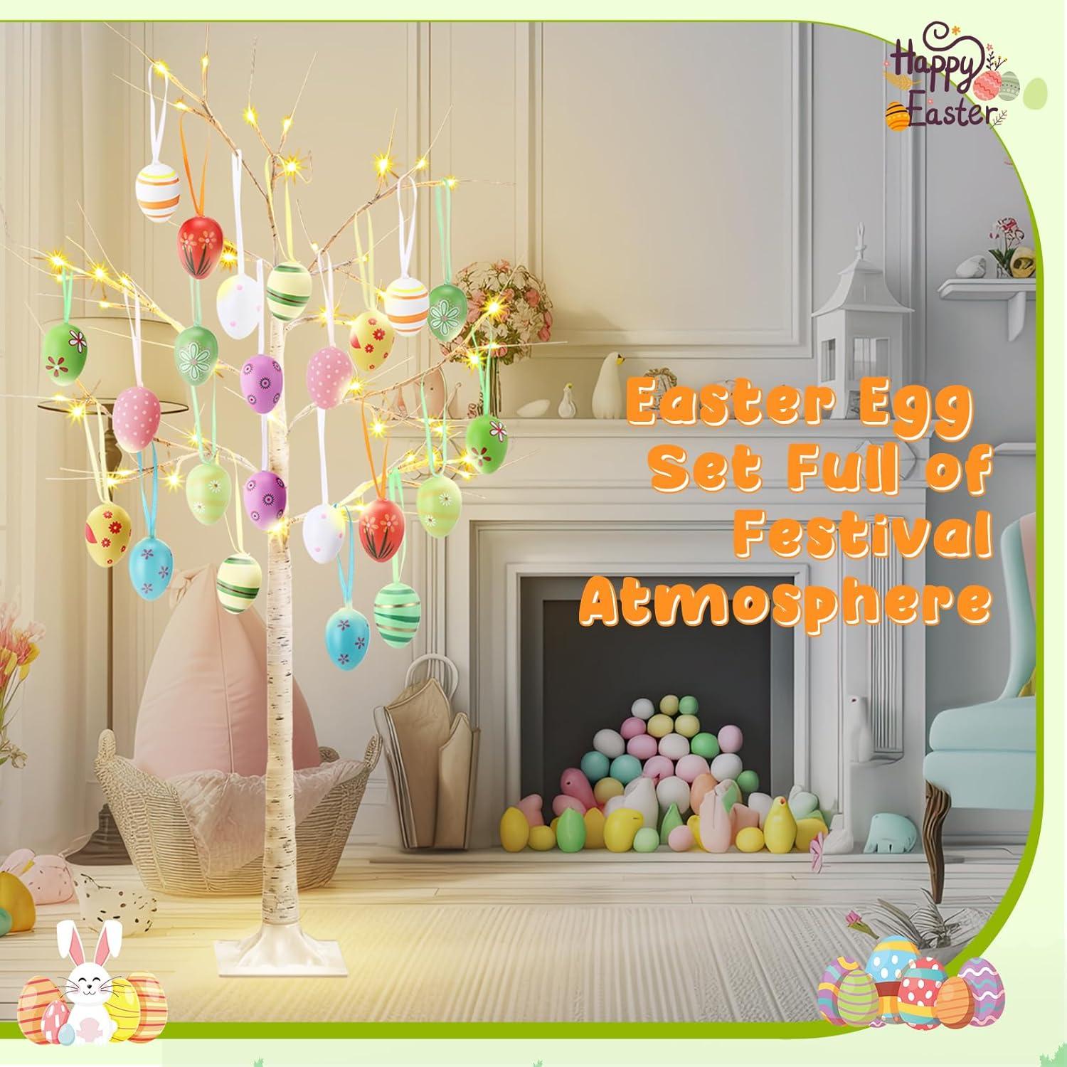 Árbol de Abedul Blanco de Pascua 1.2m con 24 Huevos y Luces LED