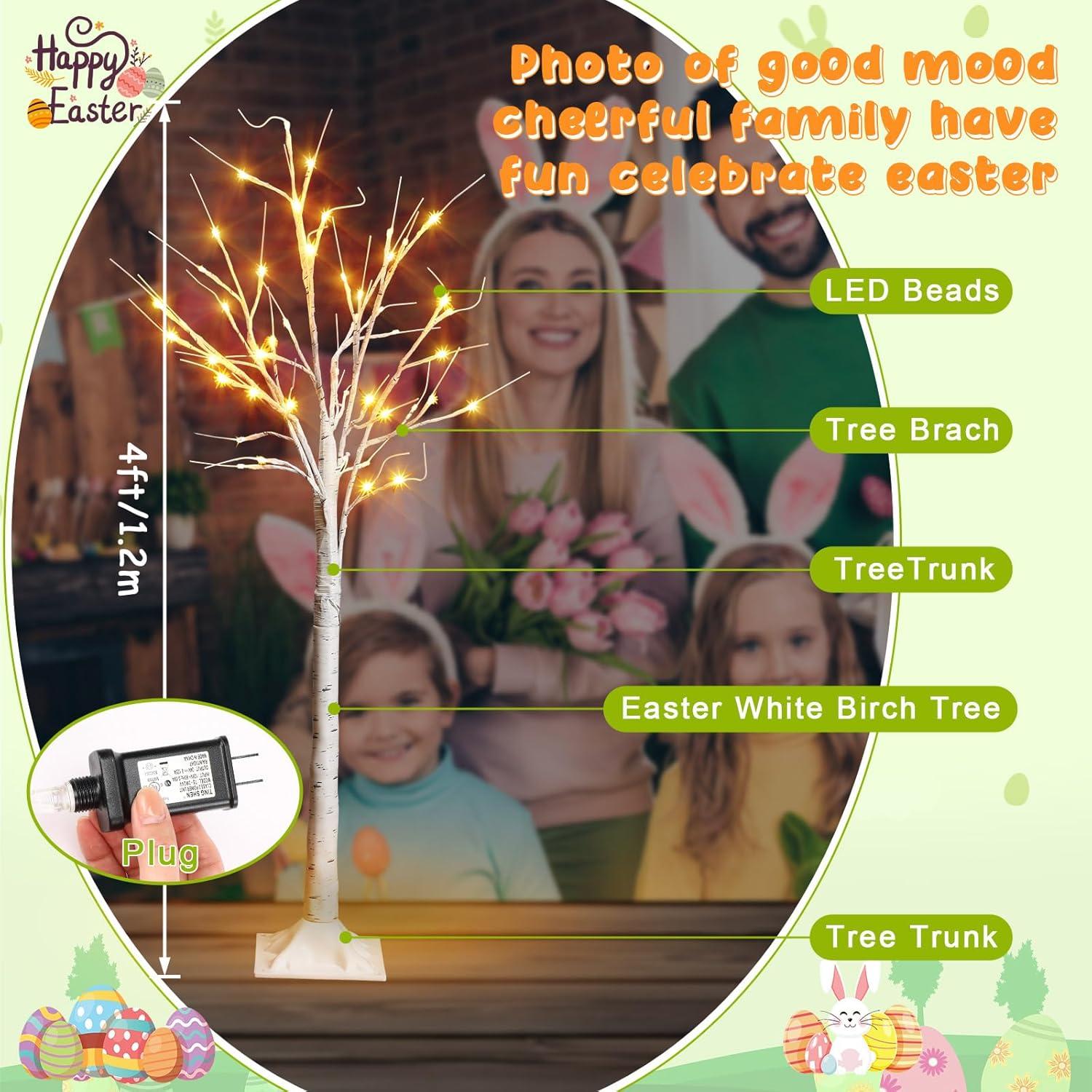 Árbol de Abedul Blanco de Pascua 1.2m con 24 Huevos y Luces LED