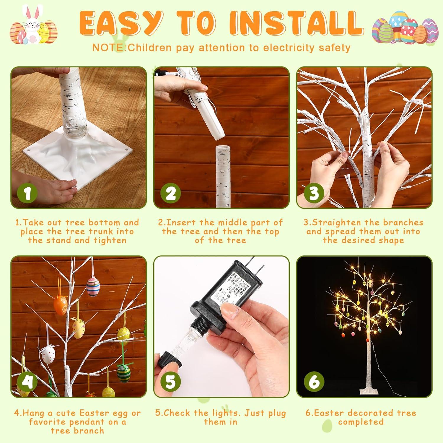 Árbol de Abedul Blanco de Pascua 1.2m con 24 Huevos y Luces LED