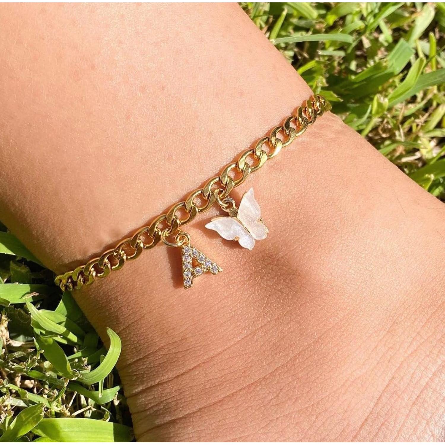 Pulsera de Tobillo Inicial de Mariposa Viromy Baño de Oro 14K