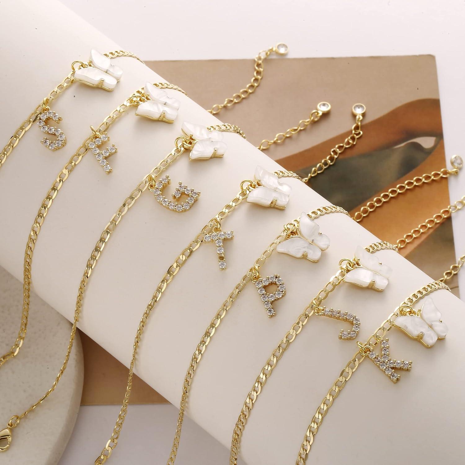 Pulsera de Tobillo Inicial de Mariposa Viromy Baño de Oro 14K