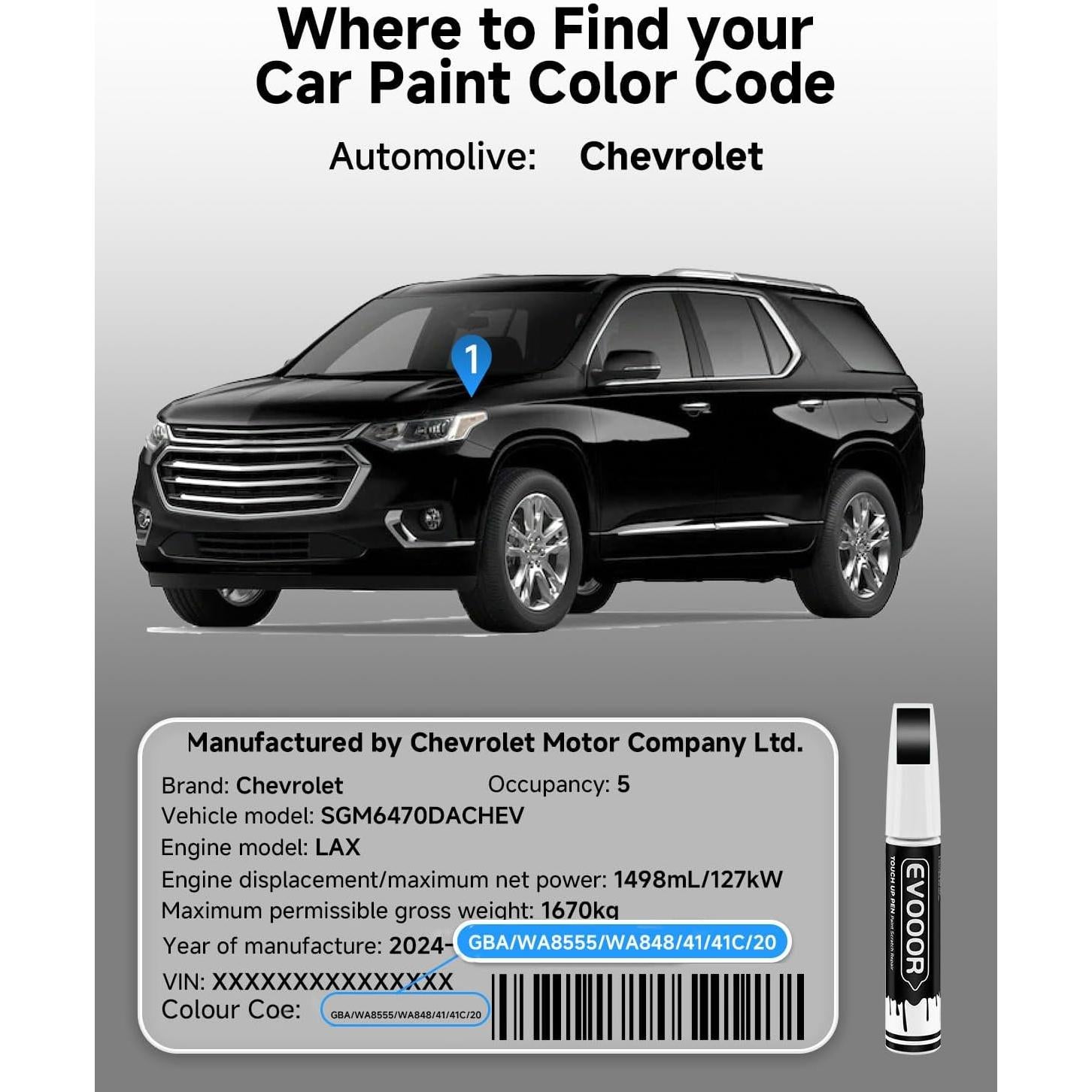 Pintura de Retoque Negra EVOOOR GBA/WA8555 para Chevrolet