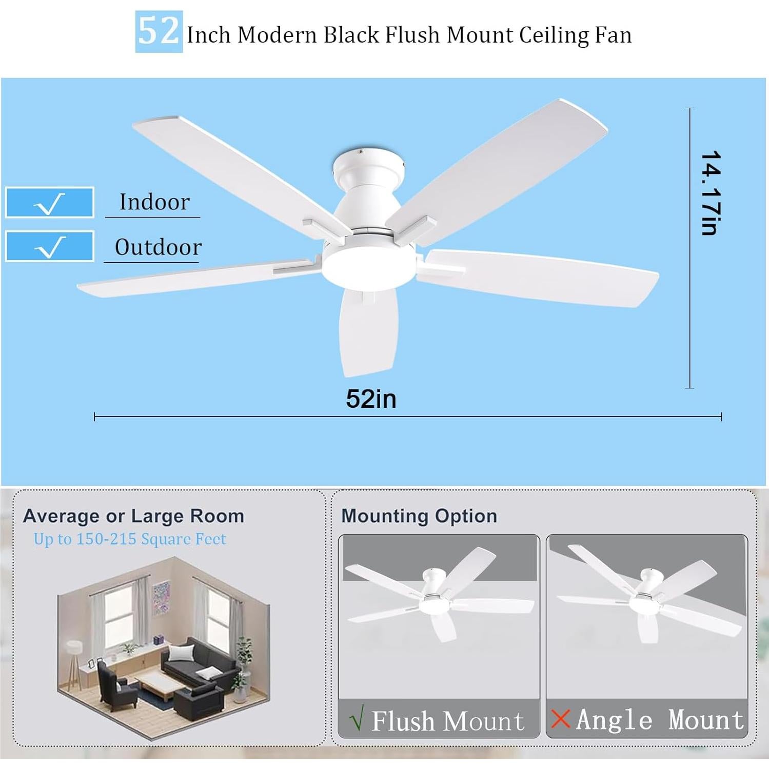 Ventilador de Techo NKPU 52" Blanco con Luz LED y Control Remoto
