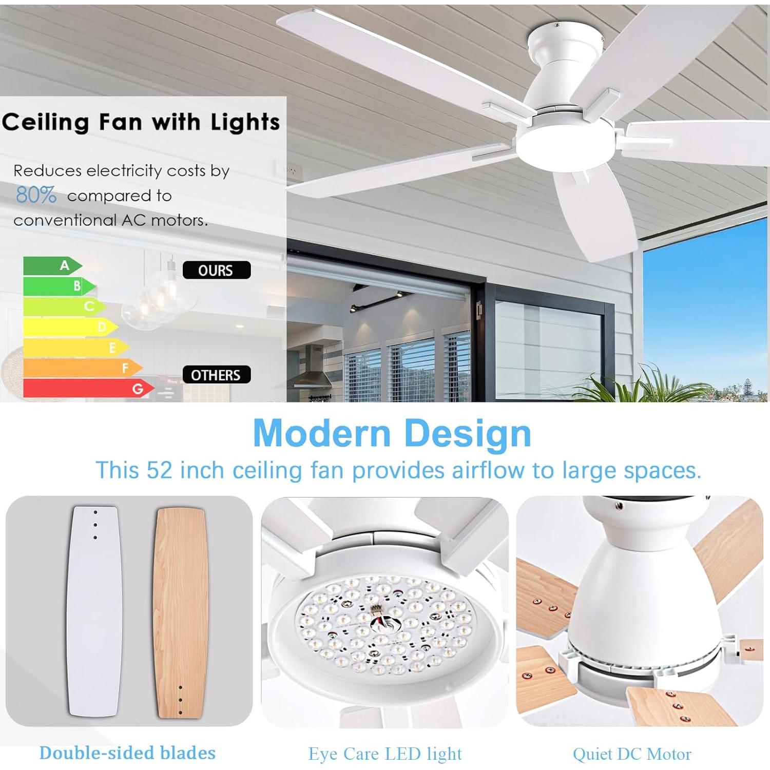 Ventilador de Techo NKPU 52" Blanco con Luz LED y Control Remoto