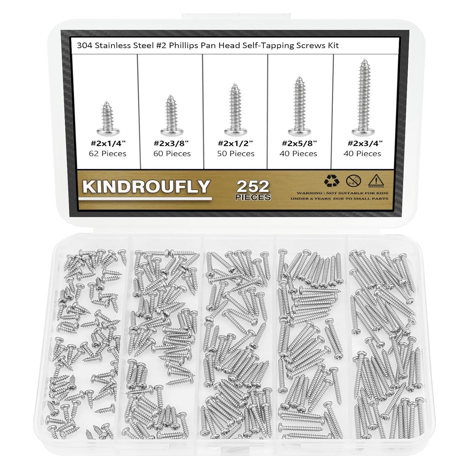 Kit de 252 Tornillos Autoperforantes Kindroufly #2 Acero Inoxidable